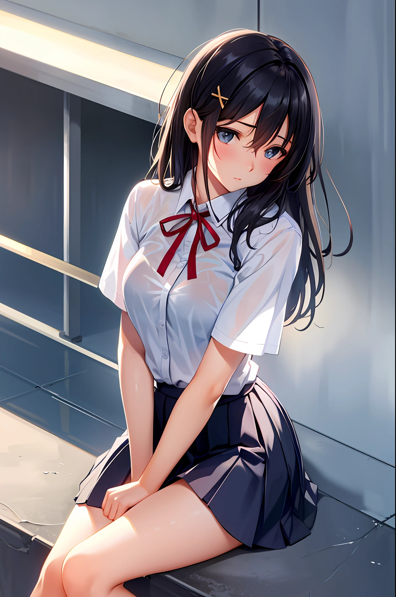 realistic, upward, sideways, school uniform, shirt, ribbon, wet, skin, perfect eyes, middle breast, body line, high waist skirt, urban background, sitting, long hair, mini skirt, bra, hair ornament, bullish, looking up, panties, panty shot, black hair