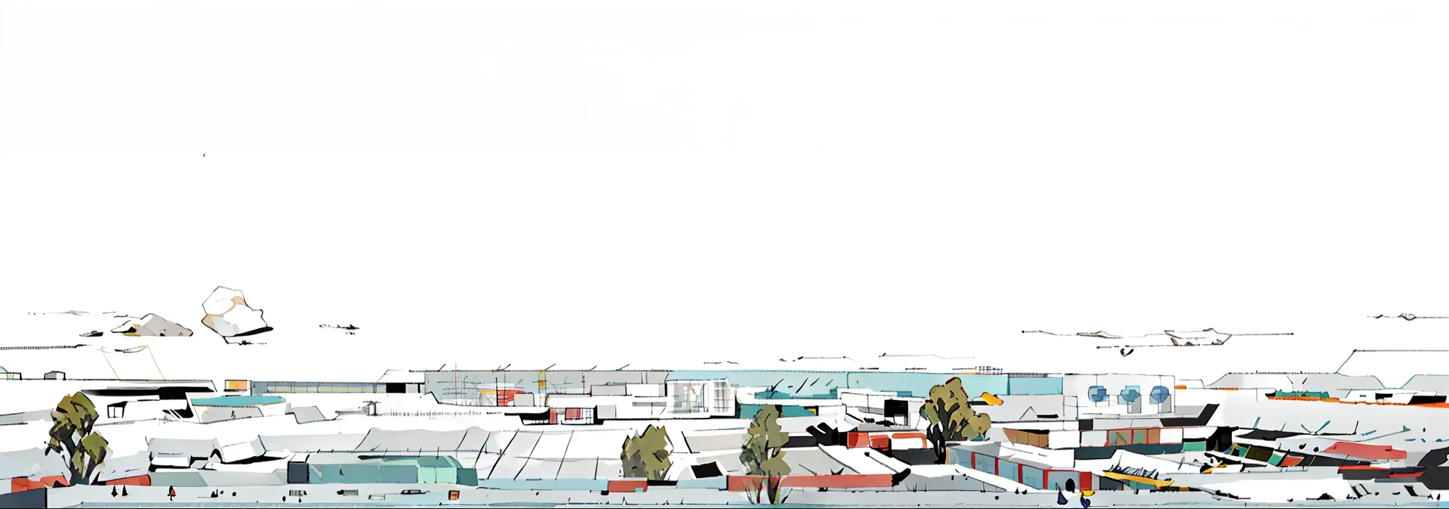 An illusory world with Chinese modern and ancient people, clear characters, Chinese architecture, trees, part of the elements are inverted, and forty percent of the blank part area in the original picture is filled with clouds