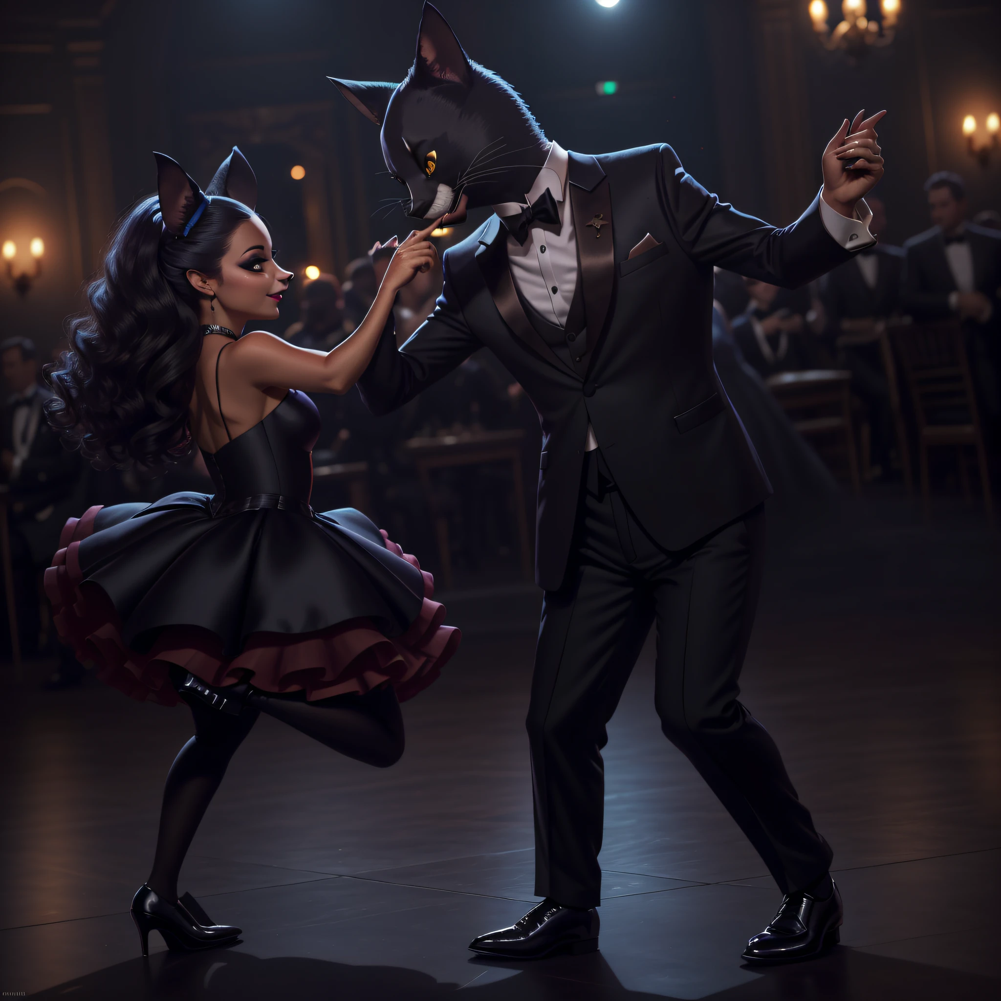 Mr. Rate and Mrs. Rata dancing, nonhuman's, depth of field, disney style, DARK_satin, wearing satin_Glam, deep shadow, (dark: 1.4), (8k, RAW photo, best quality, masterpiece: 1.2),tables with snacks, galmorous dance floor.