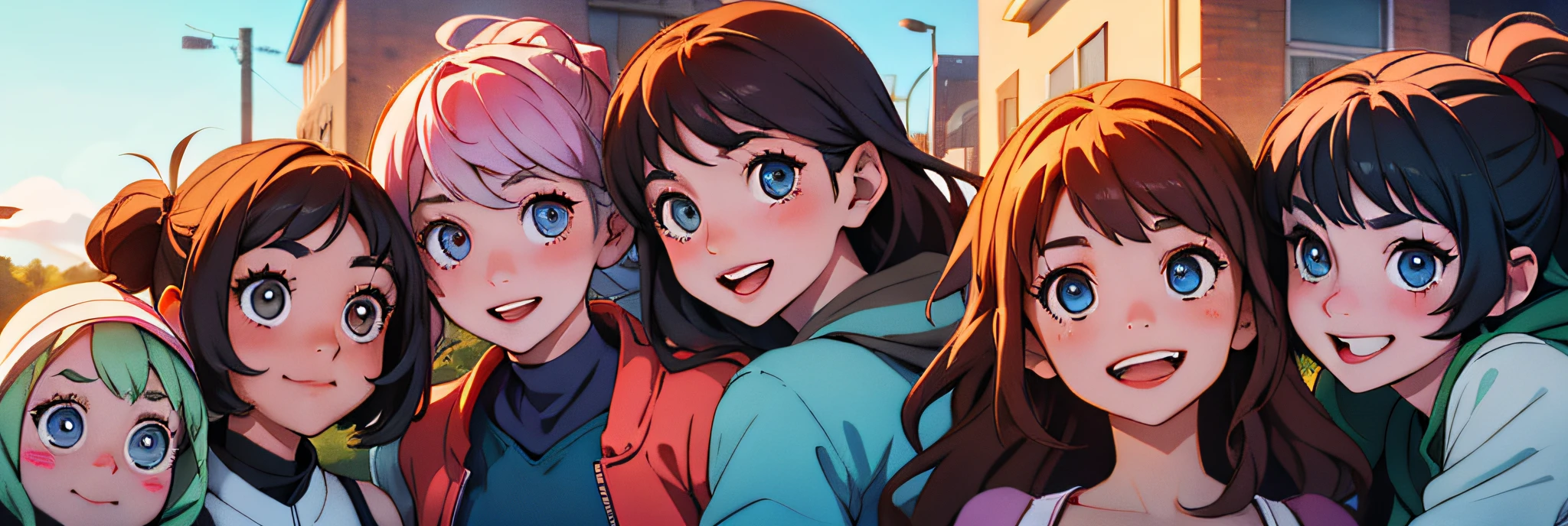 Group of happy friends in the late afternoon, HD, with definition in the characters, bright eyes