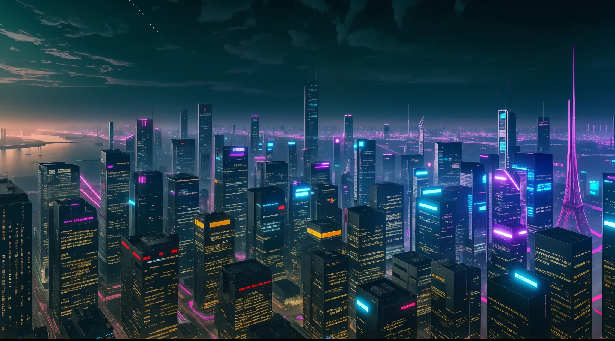 cyberpunk city, realistic skyline, cyber urban fantasy, vibrant, photorealistic, realistic, dramatic, dark, sharp focus, 8k