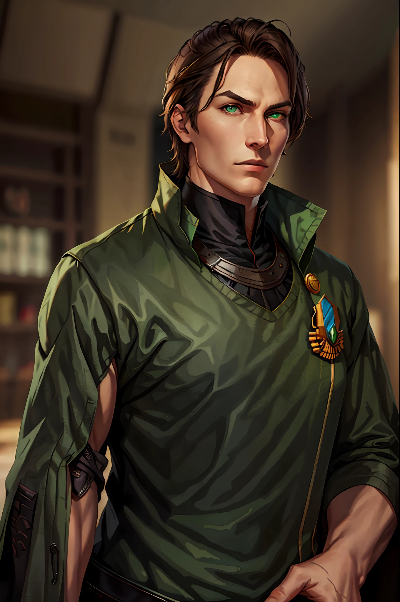 Man, brown hair, green eyes, military uniform, villain.