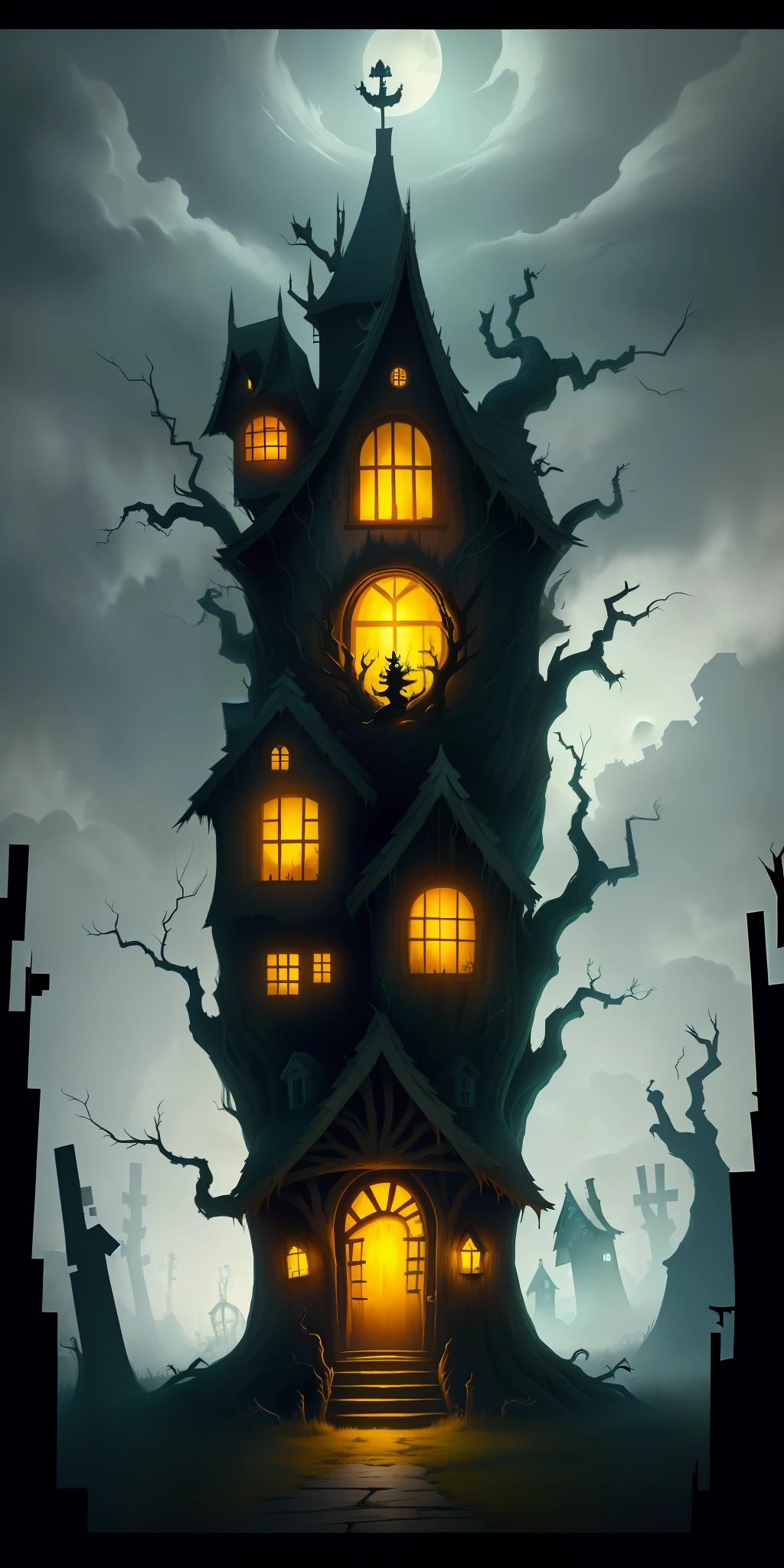 chomping spooky monster house with dead trees, wisps, and yellow floating eyes in the surroundings
