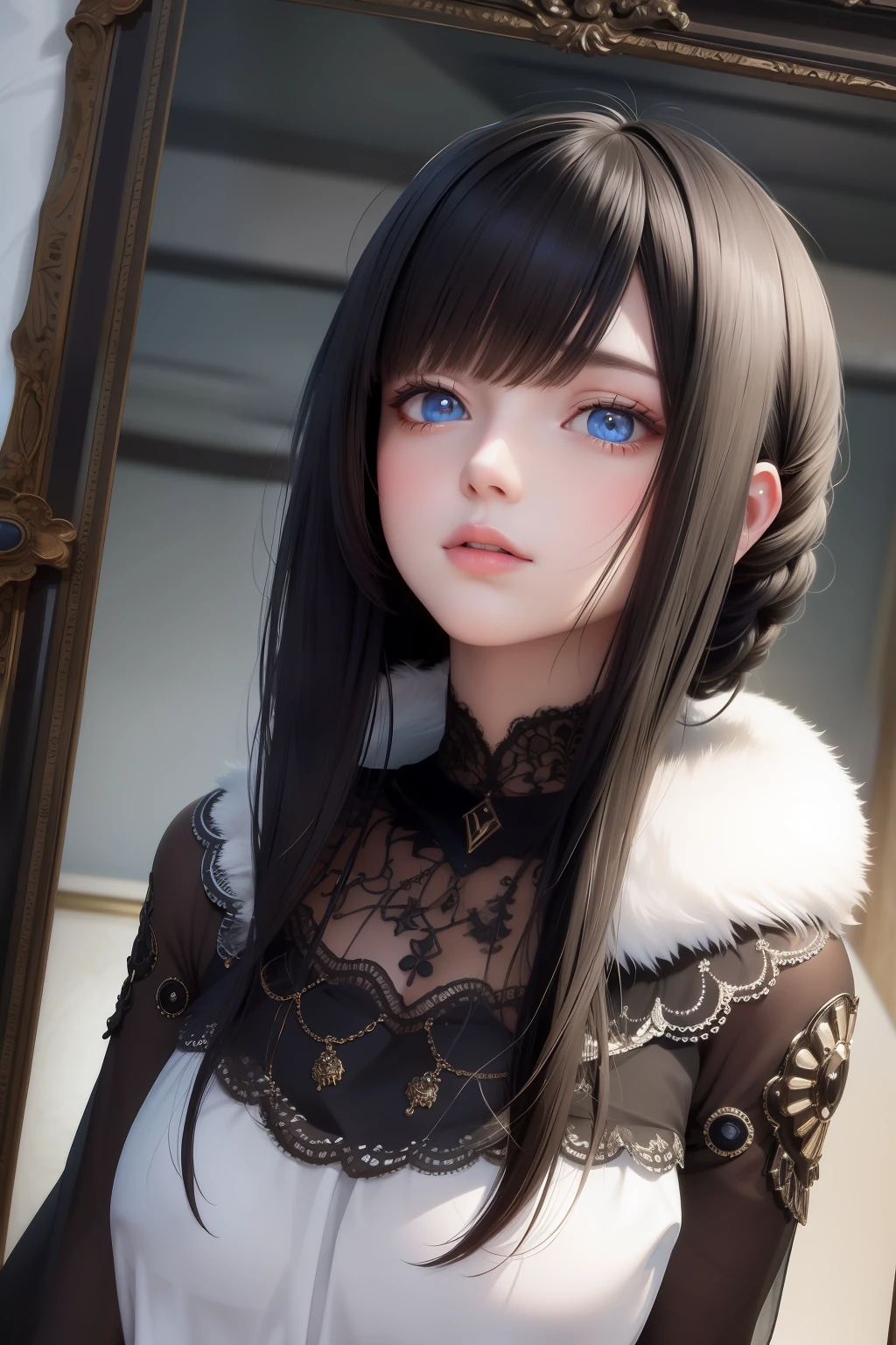 best quality, masterpiece,Black hair, blue eyes, looking up, upper body