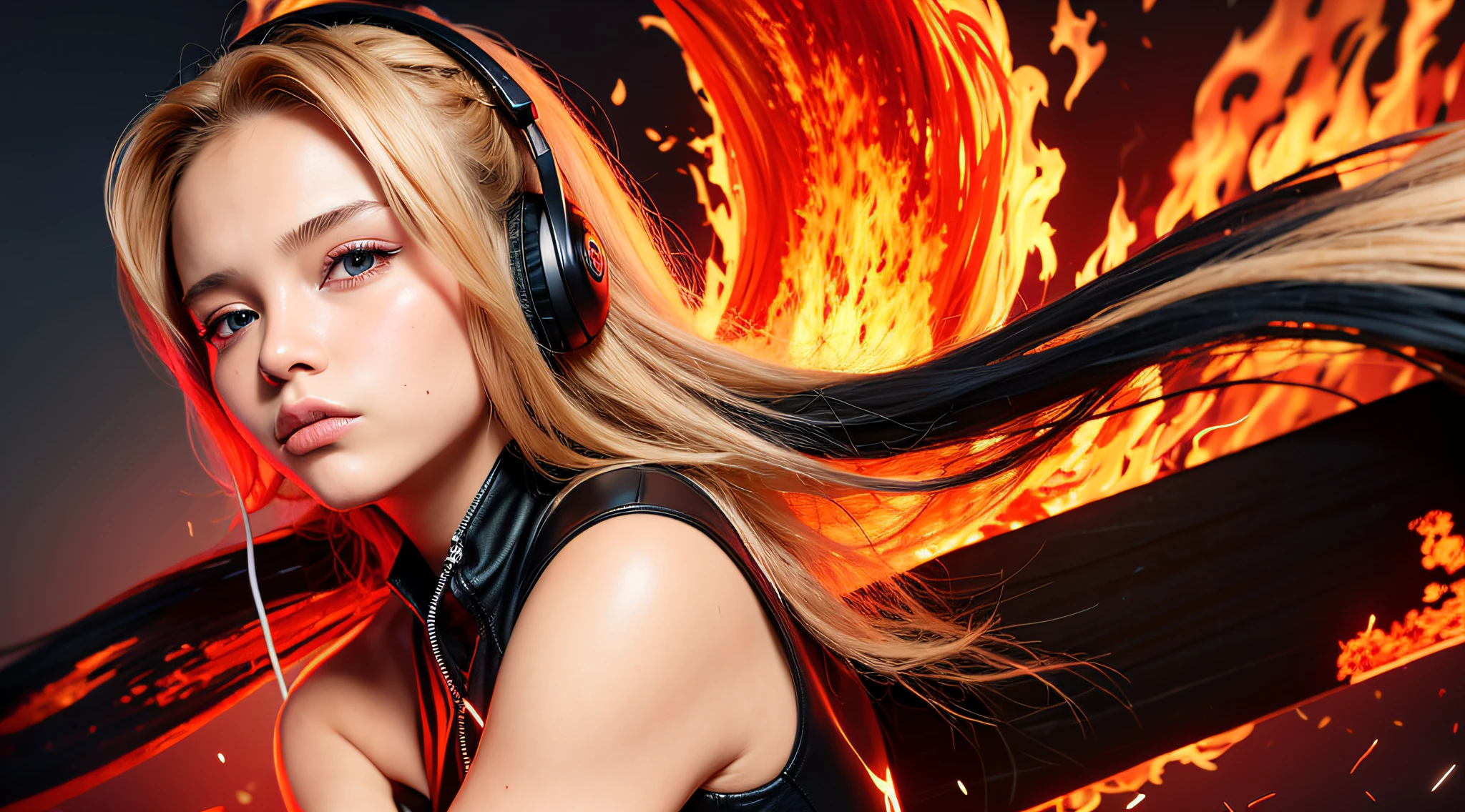 there is a 14 YEAR OLD GIRL in black top and headphones, LONG BLONDE HAIR, PORTRAIT STYLE, portrait photo, background art, wearing tumultuous flames, flames surround her, her body made of flames, on fire, on fire, goddess of hot fire, girl wearing headphones, burning in hell, flames around body,  Her hair is on fire, intense steaming, burning atmosphere, engulfed in swirling flames