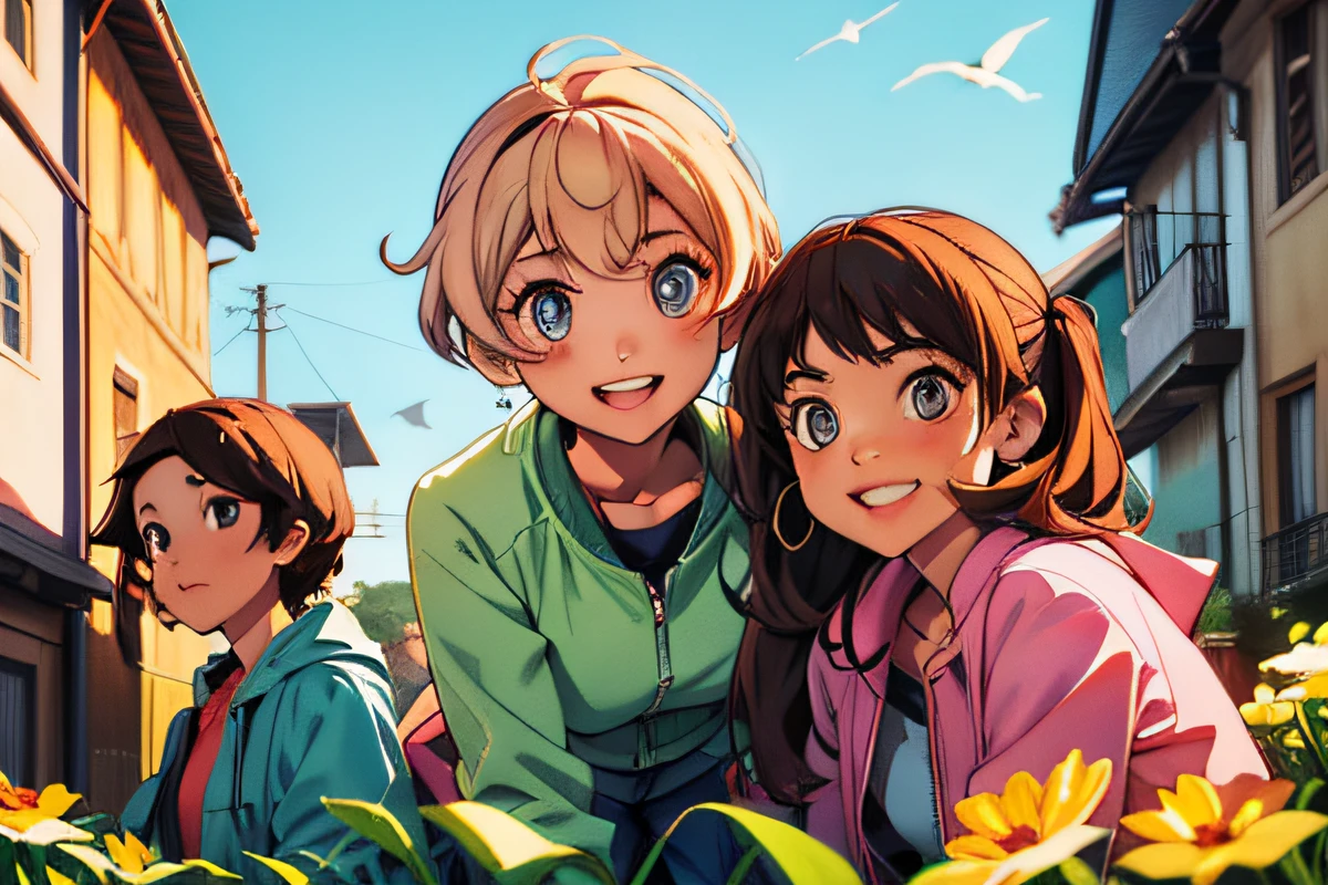Group of happy friends in the late afternoon, HD, with definition in the characters, bright eyes