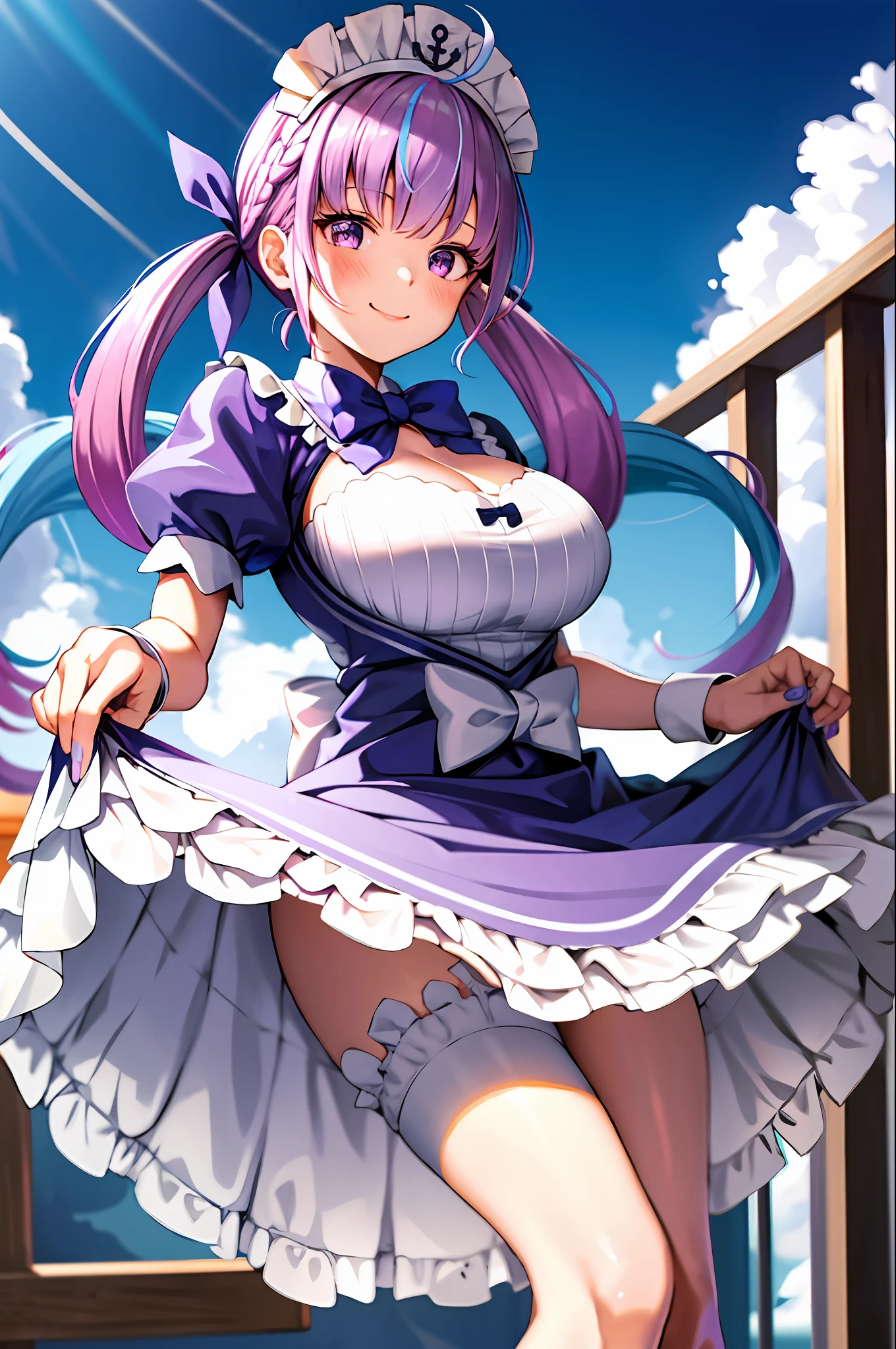 Masterpiece, Best Quality, High Resolution, Side Light, 1Girl, Virtual Youtuber, Akua Minato, Long Hair, Multicolor Hair, One Piece, Twin Tails, Maid Clothes, Inner Hair Color, Purple Eyes, Anchor Mark, Blue Hair, Bow, Two-Tone Hair, Short Sleeves, Braids, Blue Dress, Wrist Cufflinks, Ribbons, Bangs, Drill Hair, Blue Nails, Twin Drills, Bulge Short Sleeves, Hair Ribbon, purple hair, puffy sleeves, ahoge, ankle cuffs, dress bow, maid, ruffles, nail polish, streak hair, white bow, big tits, cowboy shot, smile, outdoors, (skirt lift:1.3), t-back, grimace,