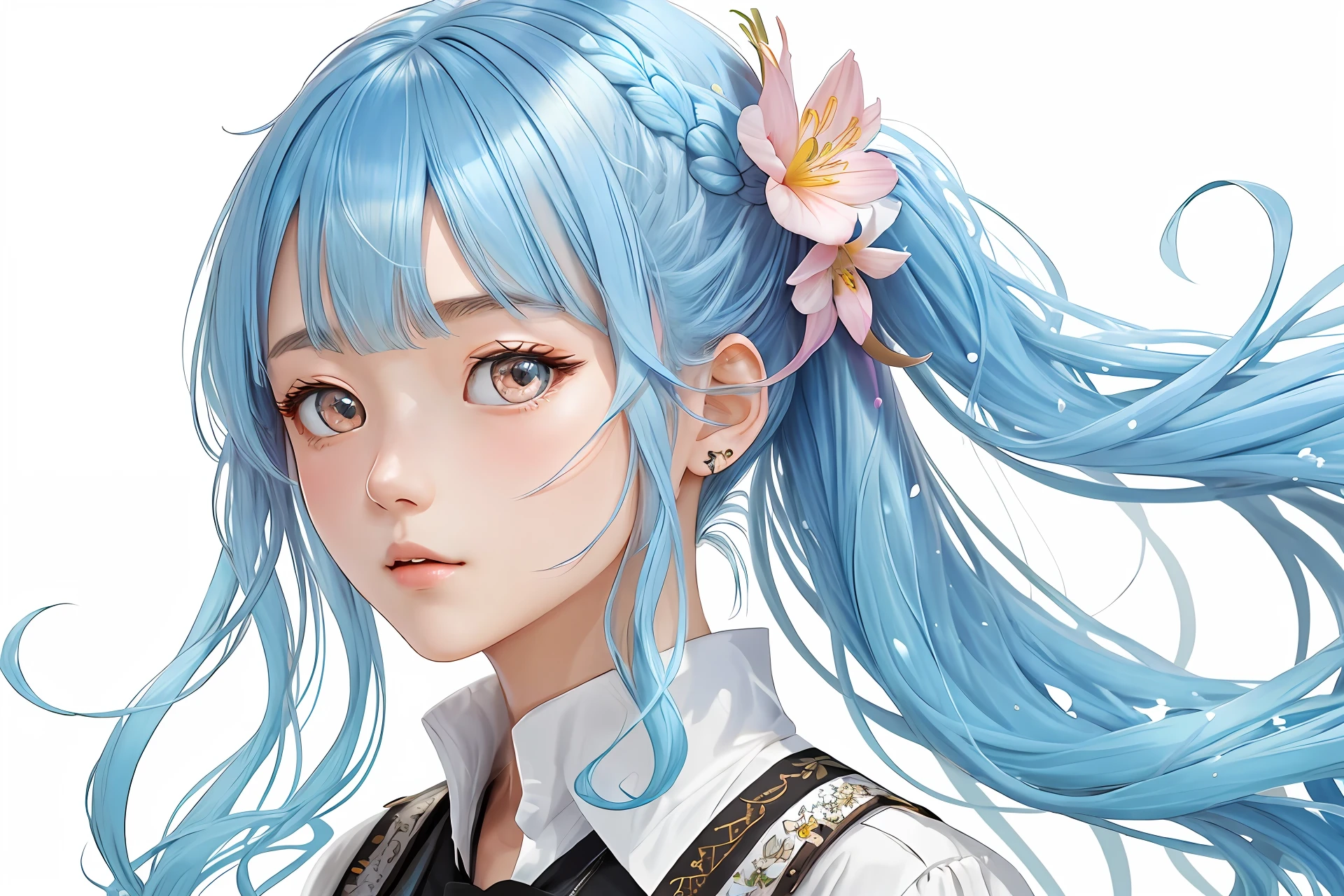 (masterpiece), (best quality), (ultra detailed),(disheveled hair),(illustration), (1girl), (Fashionable clothing), standing, Fashion model, looking at viewer, (interview), (simple background),beautiful detailed eyes, delicate beautiful face, Floating,(high saturation),(colorful splashes),colorful bubble,(shining), focus on face, ponytail, kamisato ayaka, light blue hair, bangs, hair ring, floating flowers, floating hairs, (shining), best lighting, best shadow,