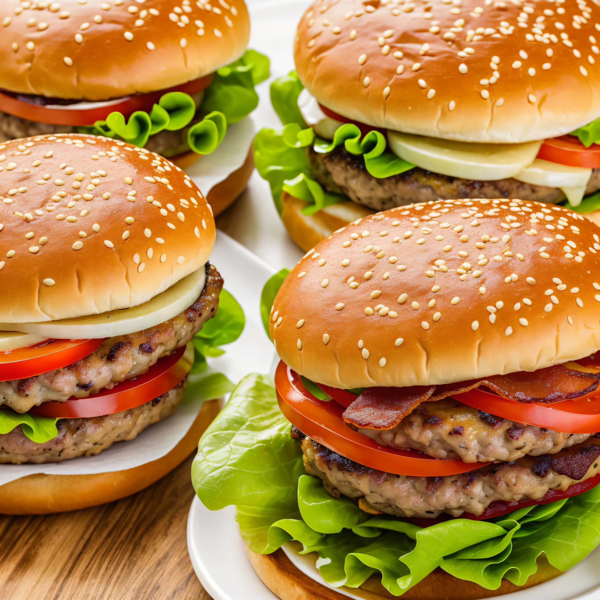 (masterpiece), (best quality), ultra-detailed, high-resolution, delicious hamburgers, juicy meat, fresh lettuce, melted cheese, crispy bacon, toasted buns, perfect presentation.