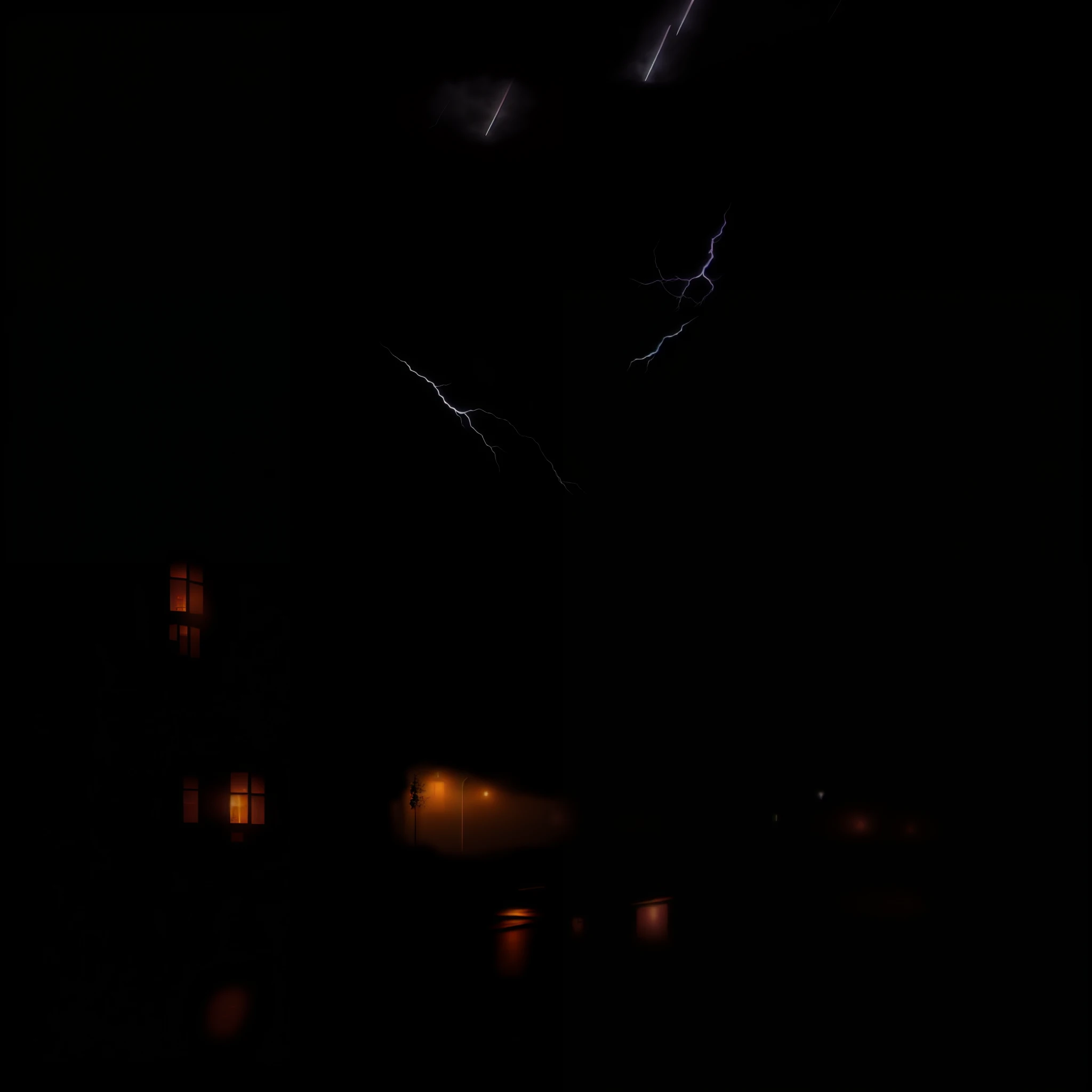 nighttime scene of a street with a row of houses and a lightning bolt, detailed lighting and thunder, stylized urban fantasy artwork, dark atmosphere illustration, cartoon moody scene, an ominous fantasy illustration, photorealistic dark concept art, gloomy weather. hyperrealistic, dark neighborhood, dramatic lighting. concept art, realistic fantasy illustration, storm at night, ominous nighttime storm
