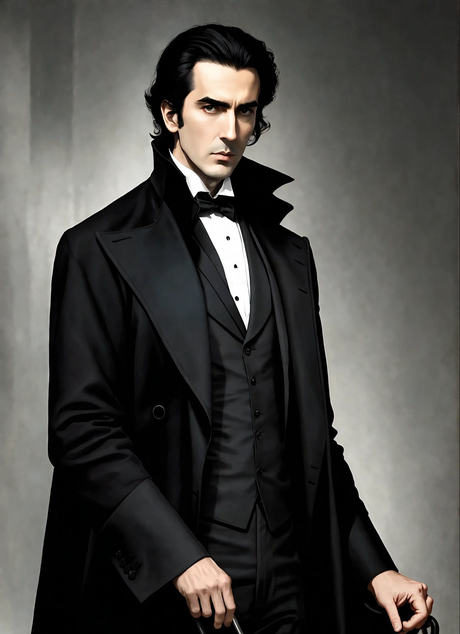 A handsome vampire resembling a young Christopher Lee in modern times with short dark hair combed back into a widow's peak and wearing a long black coat, modern nocturnal setting