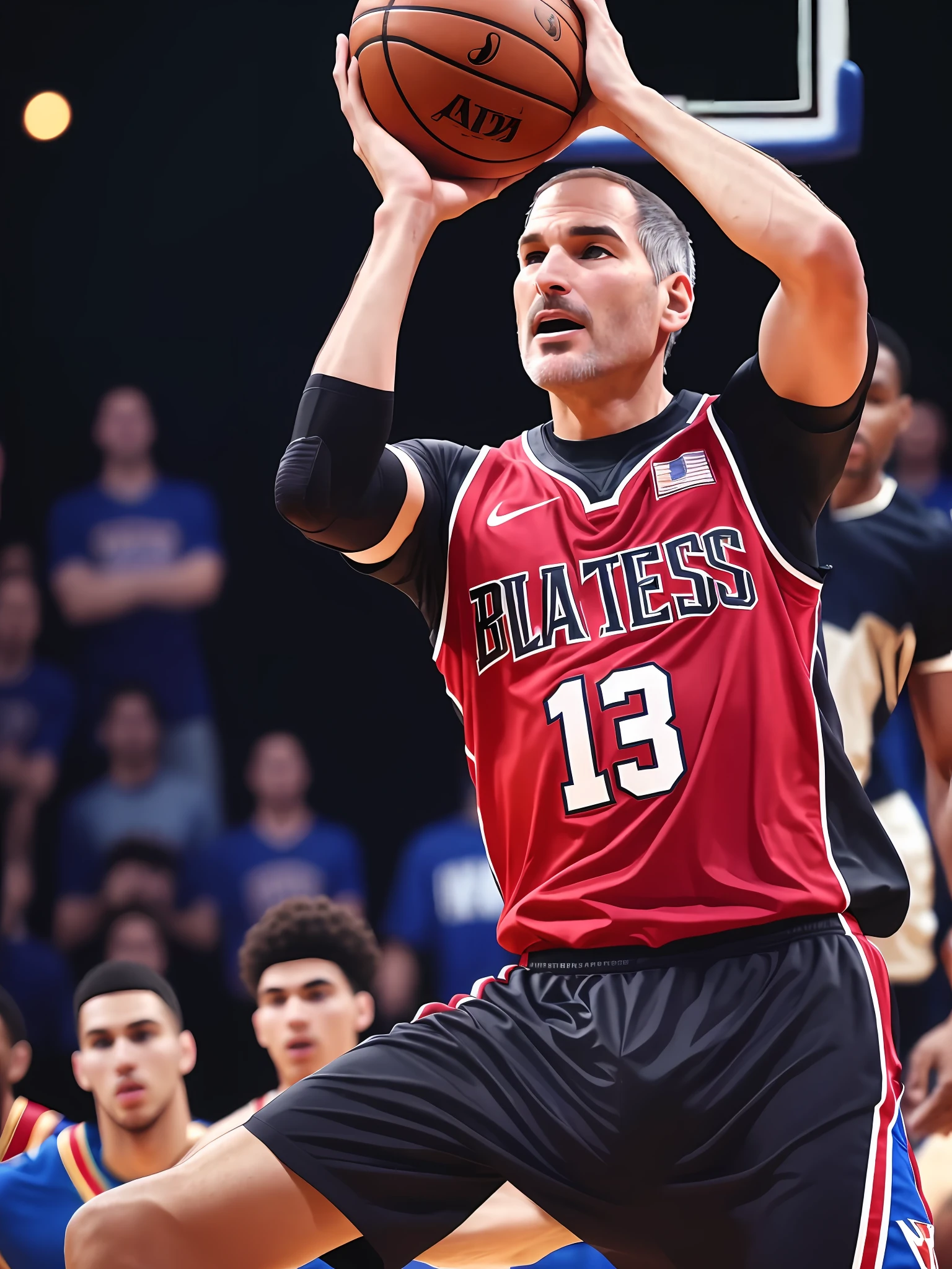 Full Detailed Steve Jobs, Mature, Wearing a Basketball Uniform, Doing an NBA-style Dunk, On a Basketball Court, With an Audience, Lighting, Ultra Realistic, Lots of Vivid Color, Lots of Detail, Photo Taken with a 23-70 Lens , aperture f 2.8, ISO 400, speed 1/500, picture taken Andrew Bernstein style, 8k --auto --s2