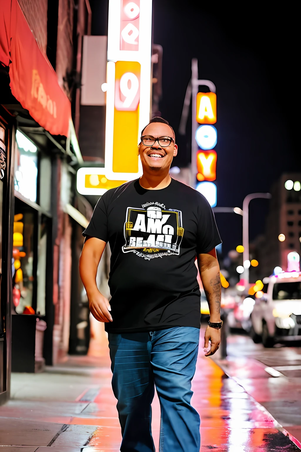 Guttonerdvision4, a man walking down the street from New York toward the camera, in jeans and black rock band T-shirt, night, wet chao, depth of field