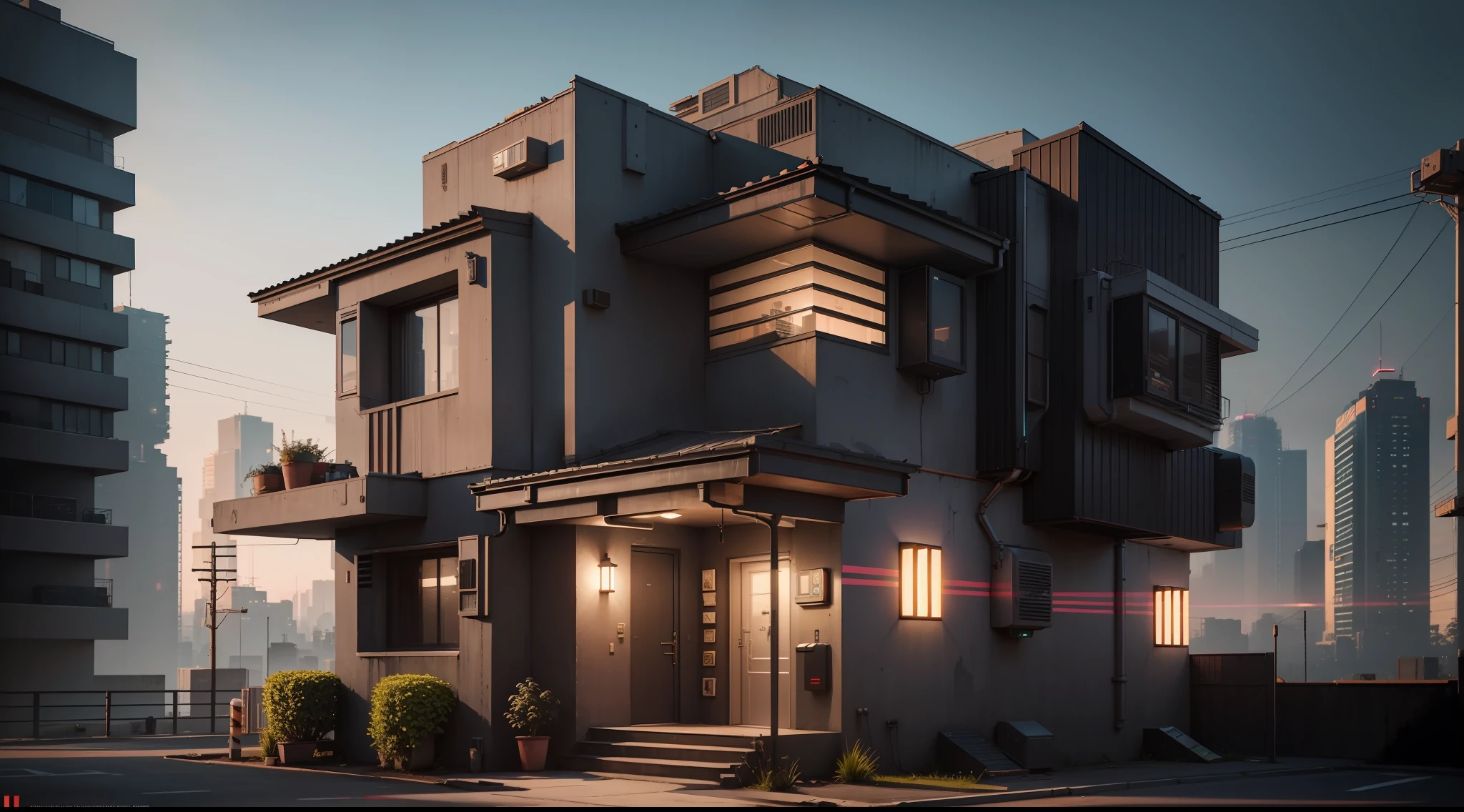 Exterior view of a cyberpunk home, vibrant, photorealistic, realistic, dramatic, dark, sharp focus, 8K