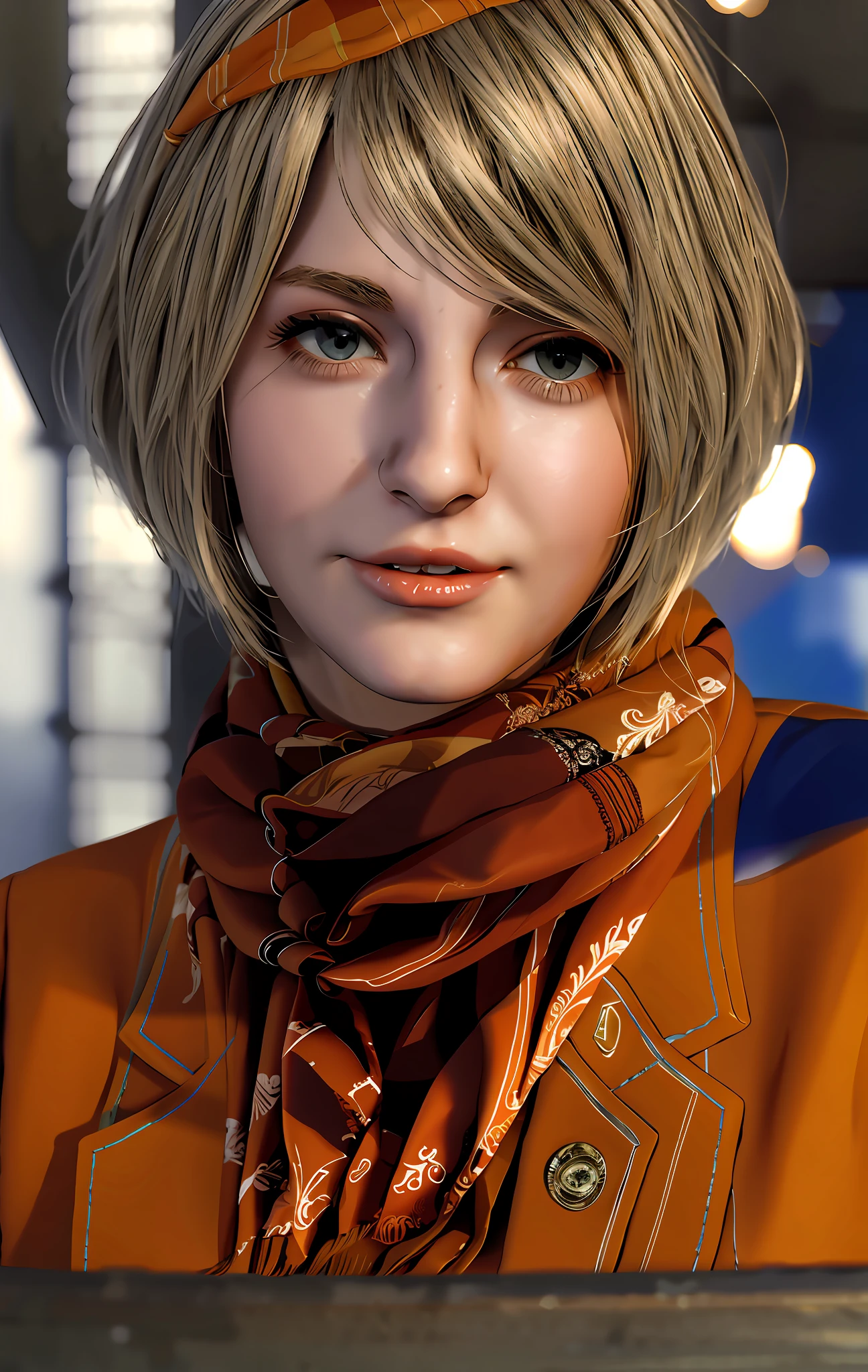 Closeup Short hair blonde woman, in a facundade, best quality, extremely detailed face, perfect lighting, 1girl, blonde, re4ashley, orange jacket, orange scarf, black plaid skirt, pantyhouse, boots, solo