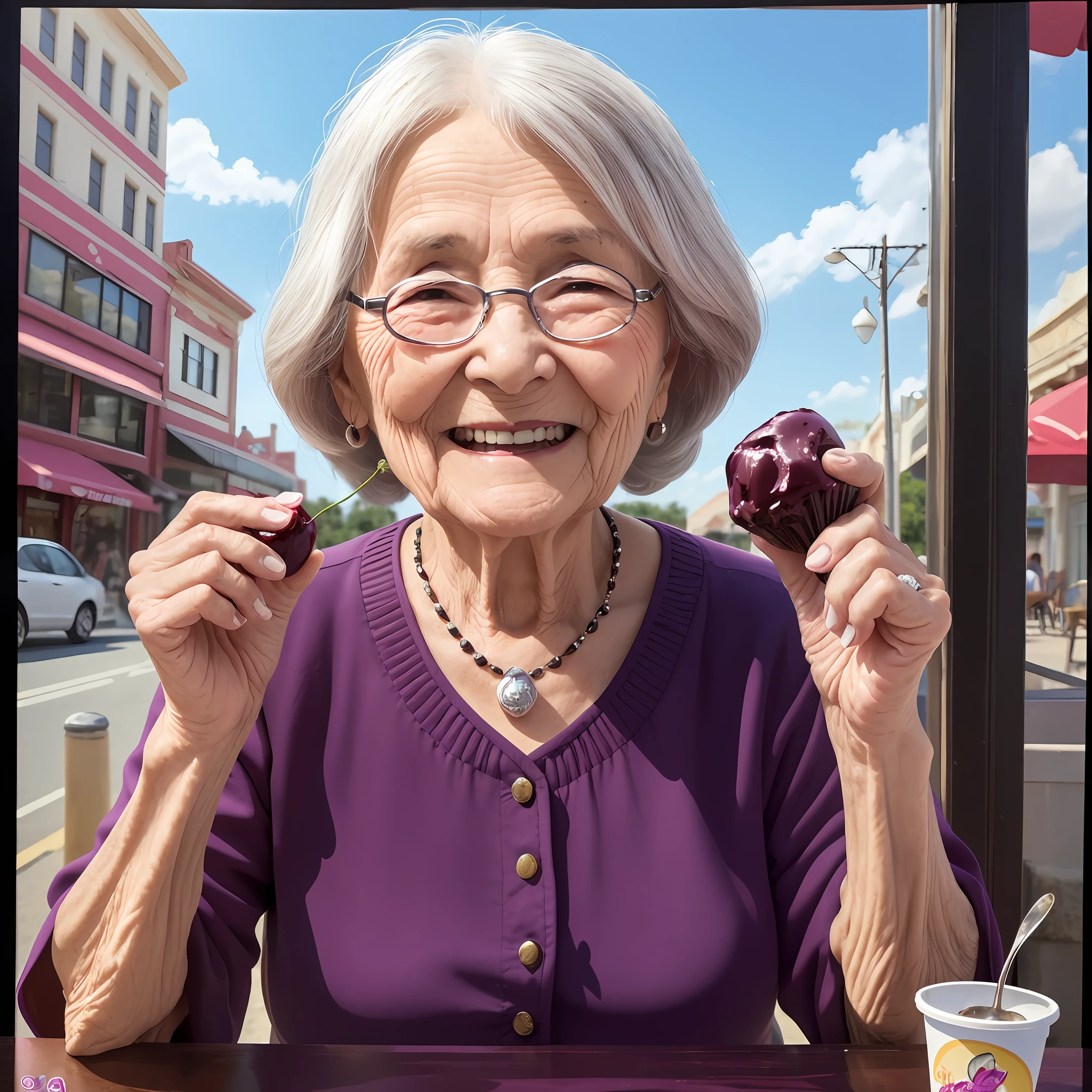 (best quality, ultra-detailed) An old woman enjoys her black cherry ice cream on a sunny day, with a broad smile covering her face and a charming twinkle in her eyes. --auto --s2