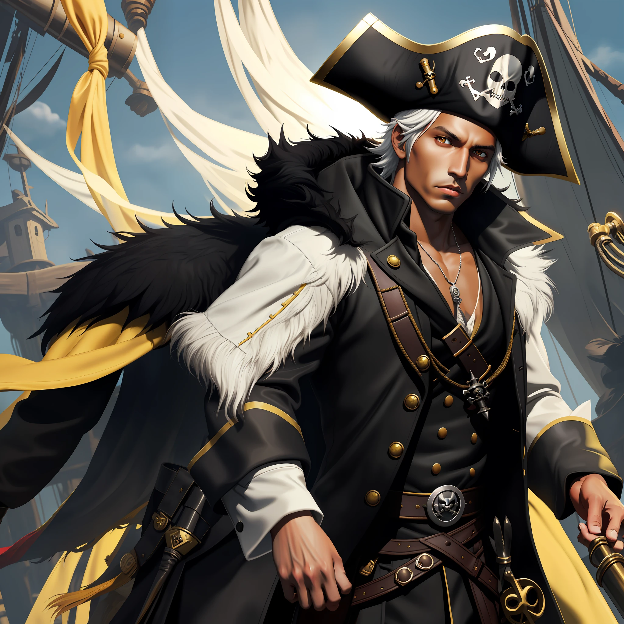 pirate man, tanned, no beard, short white hair, yellow eyes, black fur coat outfit, pirate hat, solo