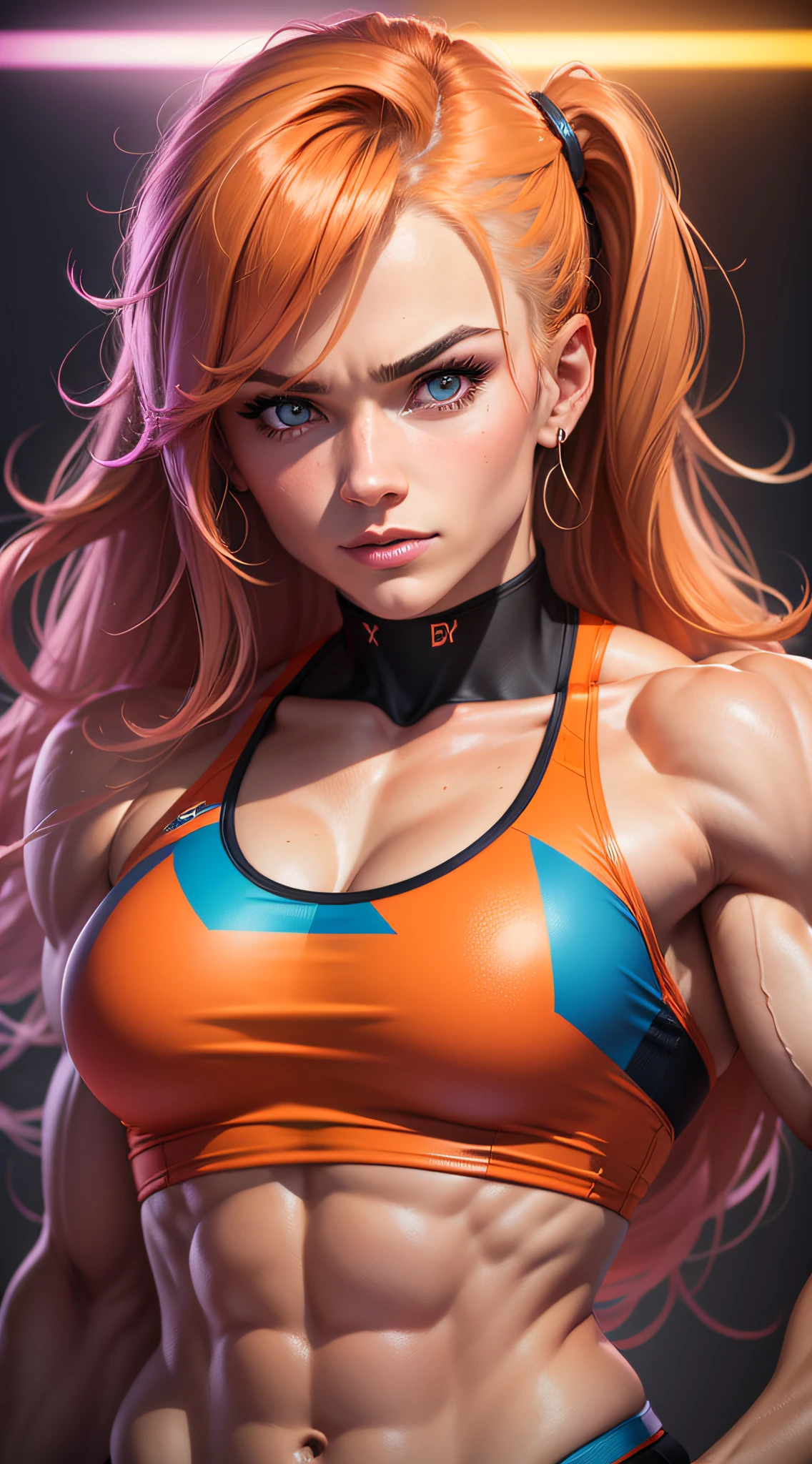 A female bodybuilder with very feminine face, beautiful, flexing muscles, her eyes and face locked in the camera lens, short image, ultra sharp, 8K, super high resolution, fitness, motivation, tealm and orange neon colors in the background, visually appealing --auto --s2