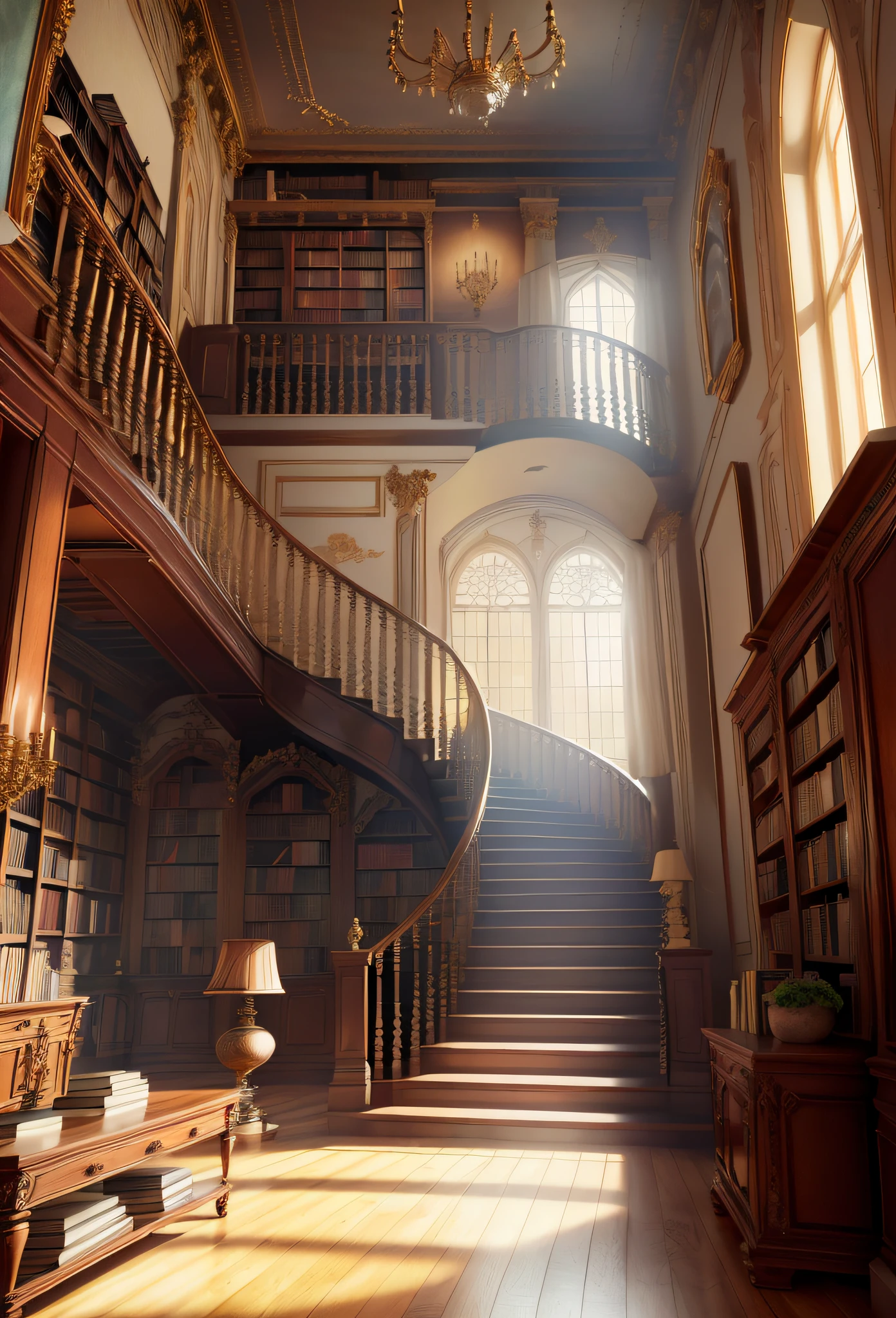 Living room in European style, interior decoration details, drawing decoration design,library various books,old books,octane render,8k,4k,wood reflection,realistic photo,handmade staircase --v 6
