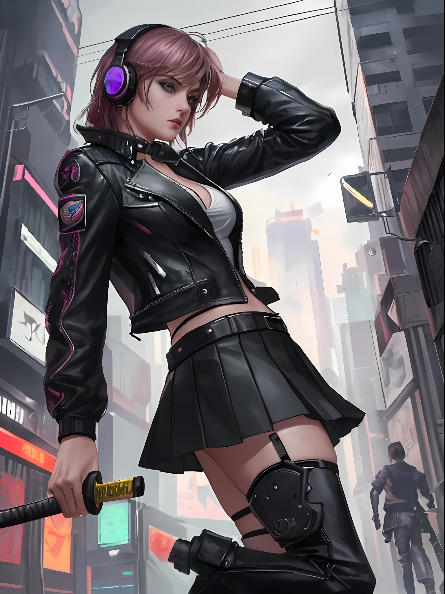 Best Quality, Realistic, Realistic, Award-Winning Illustration, (Complicated Detail: 1.2), (Fine Detail), (Complicated Detail), (Cinematic Lights, Best Quality Backlight), Crisp Lines, Crisp focus, official art, unity 8k wallpaper, absurd, unbelievably absurd, huge file size, ultra- (in_main_street:1.21), (neon lamp), fantasy art, rtx,((triangle closeup photo by award winning studio )), 1girl, very pretty, (shut up), small boobs, ((Cyberpunk city Street, Battle Maiden, Katana, robot arm)), beautiful detailed eyes, Perfect Face, (Cyberpunk blouse, leather jacket, Martin boots) ,(headphones_around_neck),(headphones_around_hair),((pleated skirt) ), ((supermodel pose)),