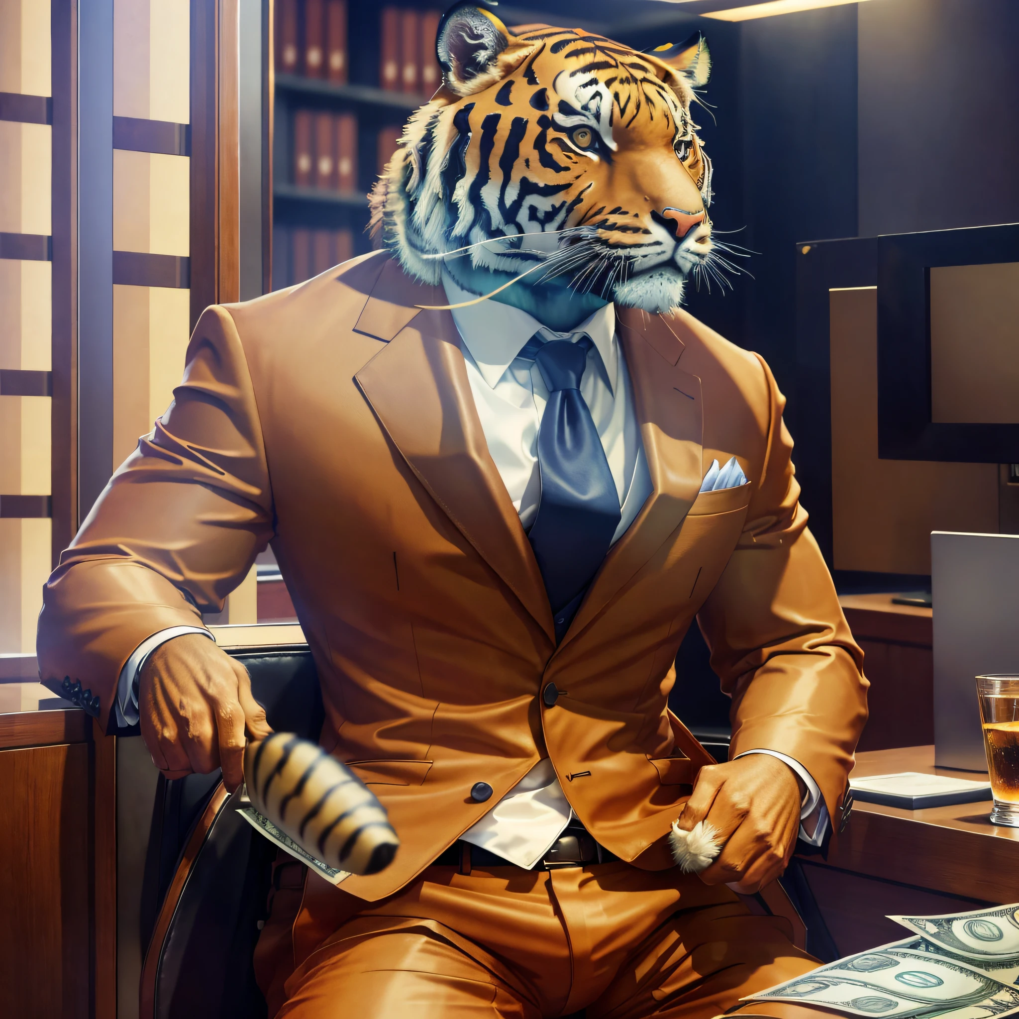 Tiger suit holding money, among a luxury office, 8k resolution, high color highlighting, suit details, tiger fur detailed, money detailed, office full of riches, cigars, office lighting, millionaire, auto enhancement in textures, image with depth