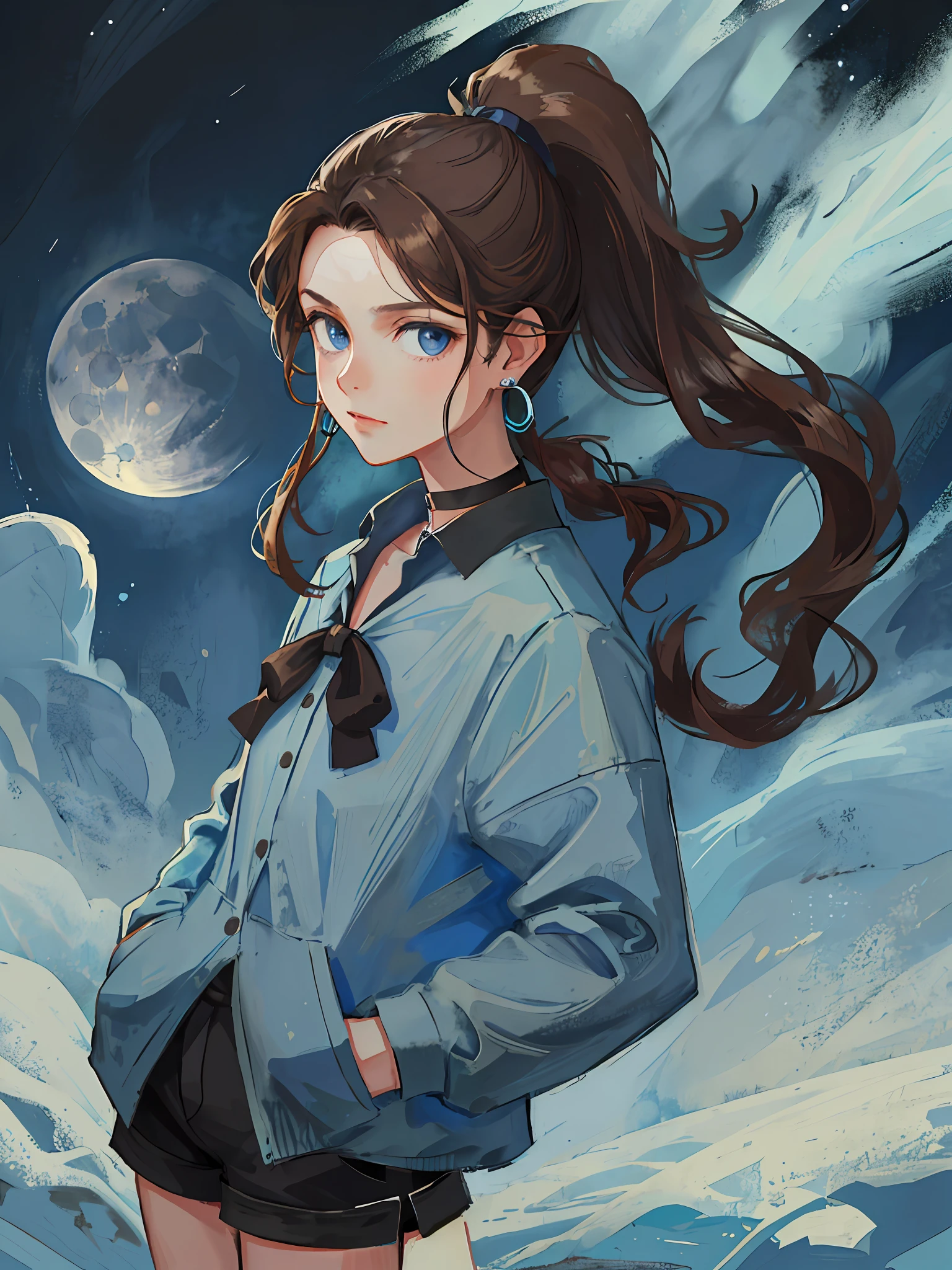 (best quality, masterpiece), portrait, 1 girl, solo, (brown hair, long wavy, pulled back in a high ponytail), (light blue eyes), blue earrings, black choker, black long-sleeved blouse and black shorts with hands in pockets (night background, full moon)