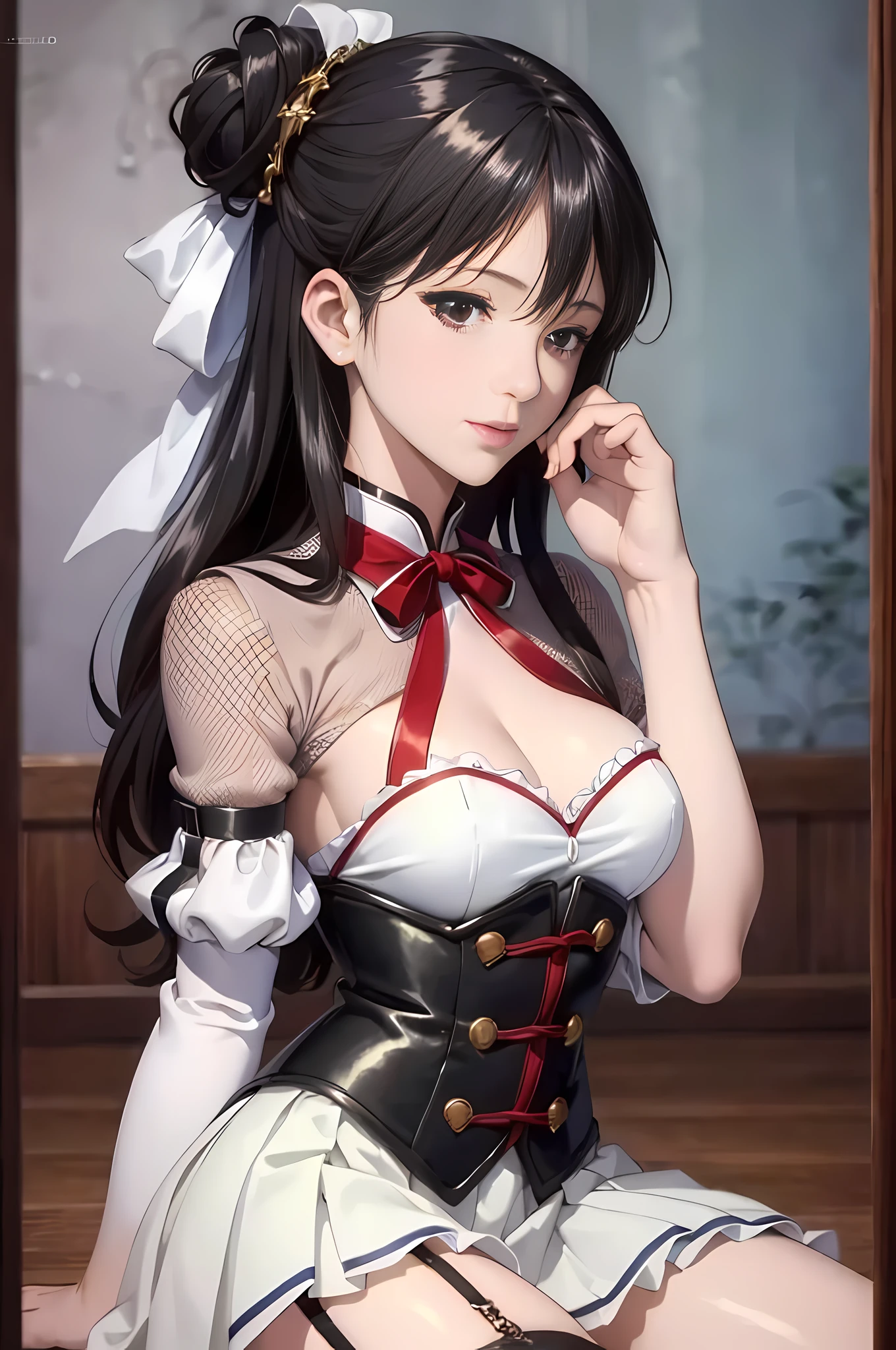 (masterpiece, best quality, ultra detailed, high resolution, absurdres:1.4), (shiny black hair, twin-buns style, smooth and white shiny skins:1.2), (super fine illustration, extremely detailed CG unity 8k wallpaper), 1girl, extremely cute and beautiful girl. slender, abs, medium breasts, red, gold, BREAK, (lace), (single fishnet legwear, single garter strap, cross-laced sleeves, cross-laced clothes:1.2), heart, collar, ribbon choker, ear piercing, BREAK, white silk Chinese dress, red knee-length pleats long skirt, BREAK, background is Japanese hotel in the night, ryokan, wasitu background, light grin smile, sitting, wariza, hands on between legs, ufotable style, anime screen cap, pink lipstick, perfect anatomy, perfect proportion, beautiful detailed face,