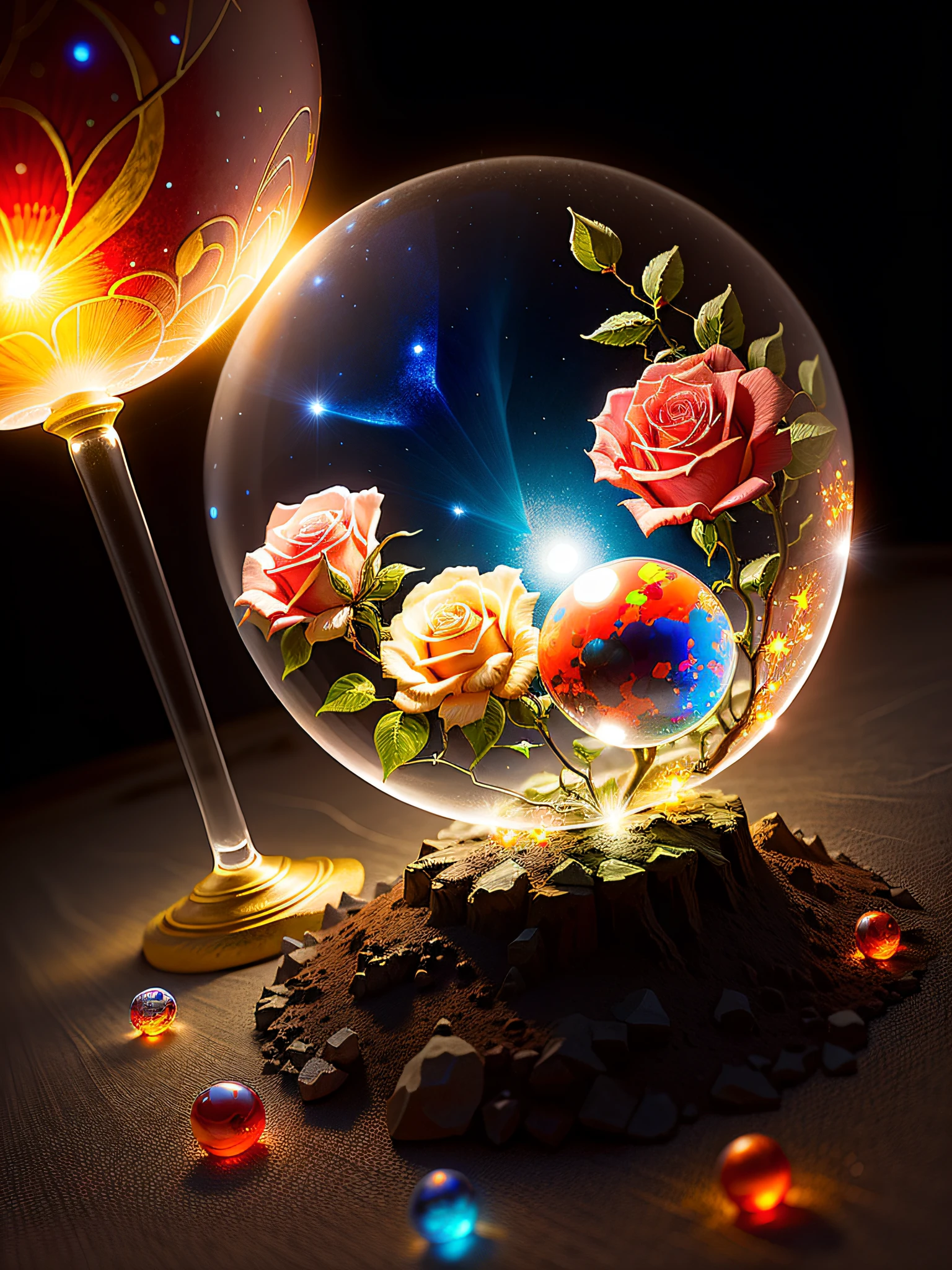 opal anthill, red and blue carnelian, realistic, white rose flowers nearby, fireflies flying around the hill, cut stars, spherical glass shape
