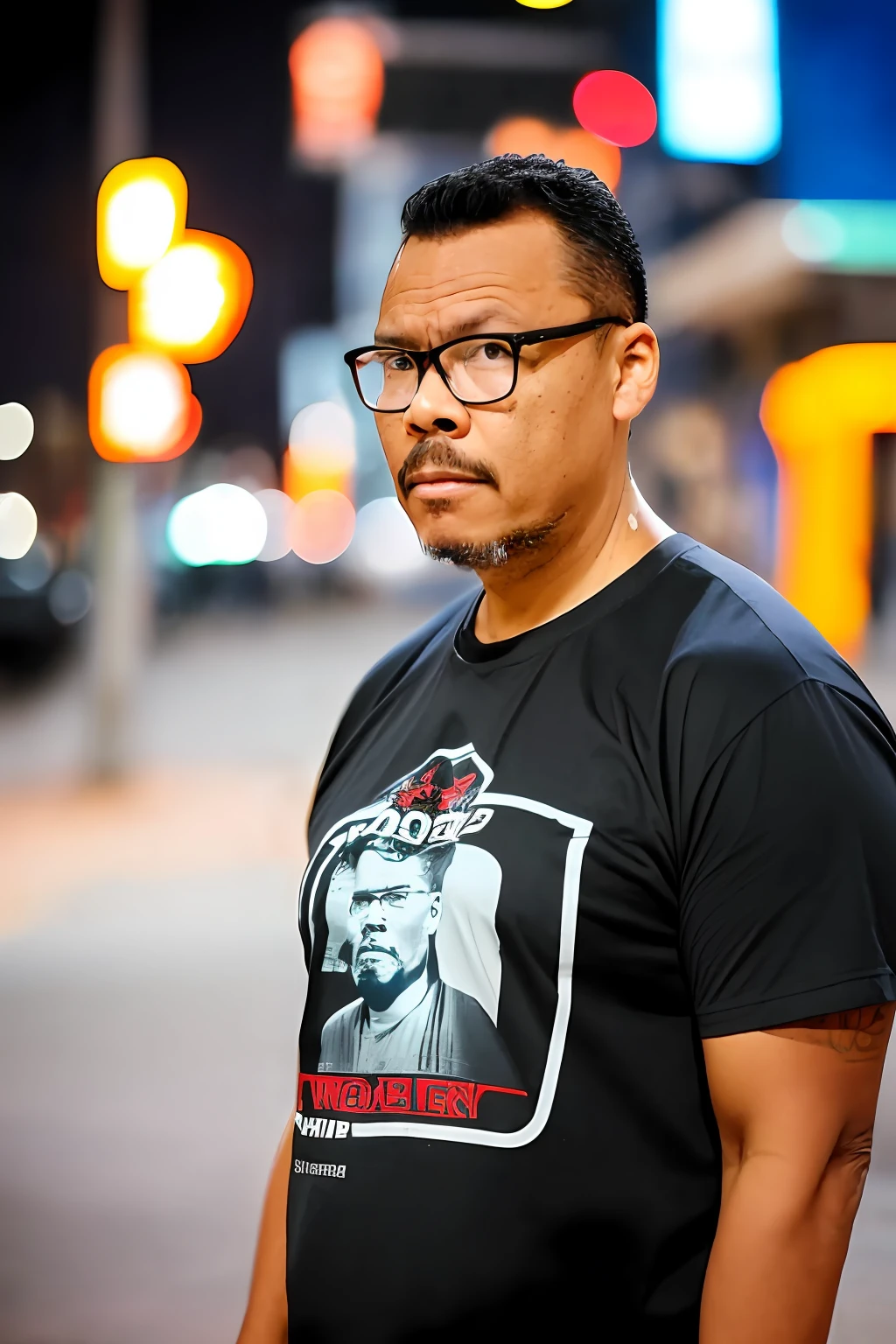 GuttonerdVision4, a man with glasses, detailed and perfect face and skin, walking down the street from New York towards the camera, in jeans and black rock band T-shirt, night, wet chao, depth of field