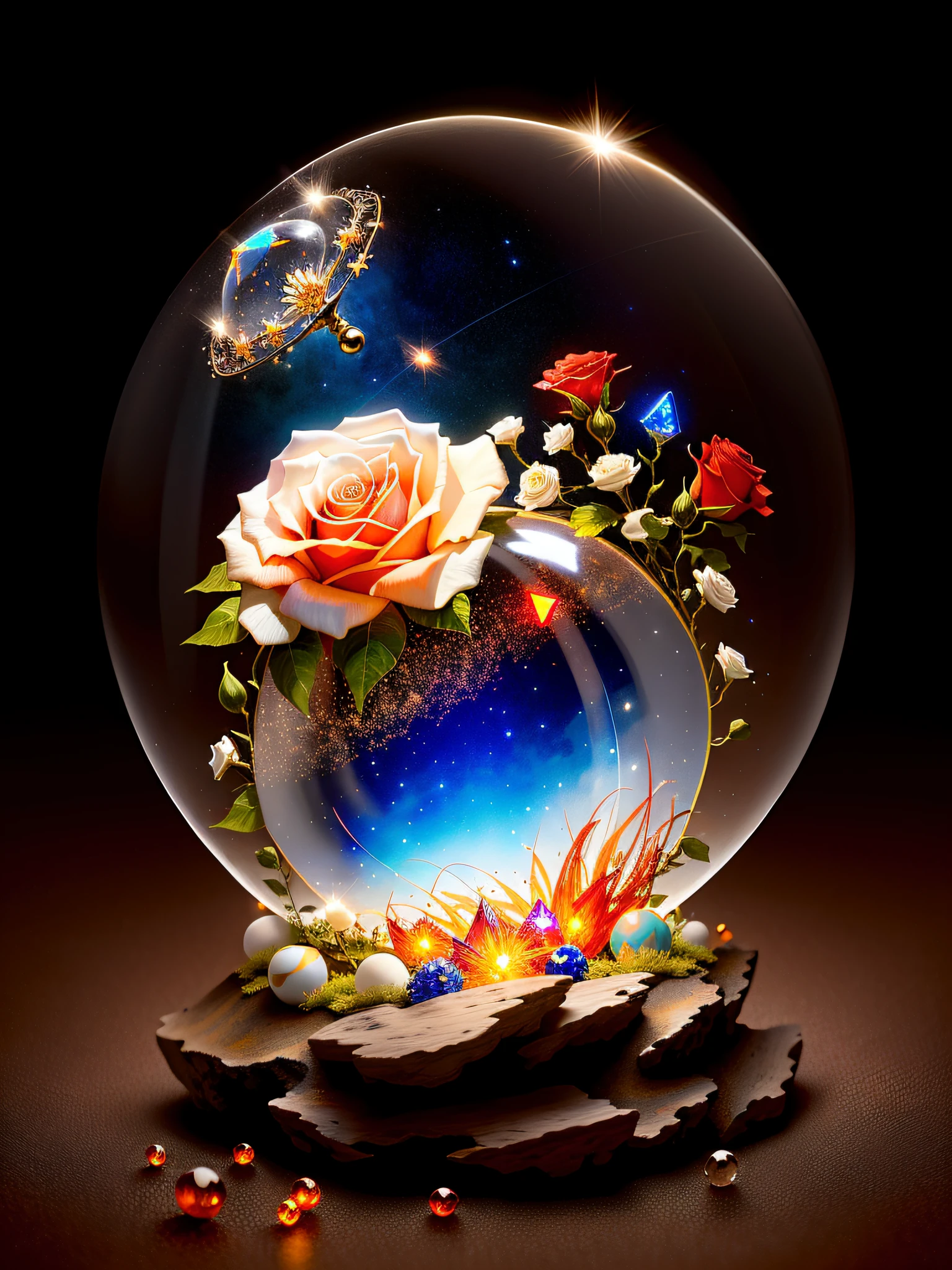 opal anthill, red and blue carnelian, realistic, white rose flowers nearby, fireflies flying around the hill, cut stars, spherical glass shape