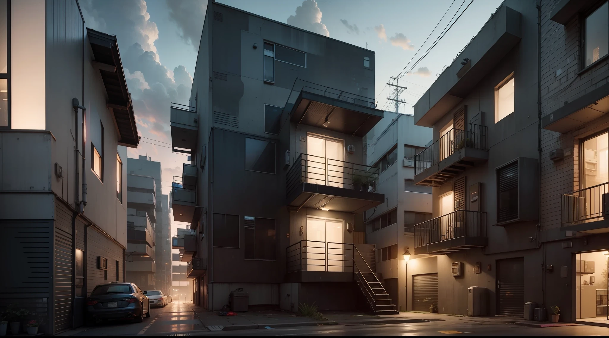 Exterior view of a cyberpunk apartment, vibrant, photorealistic, realistic, dramatic, dark, sharp focus, 8K