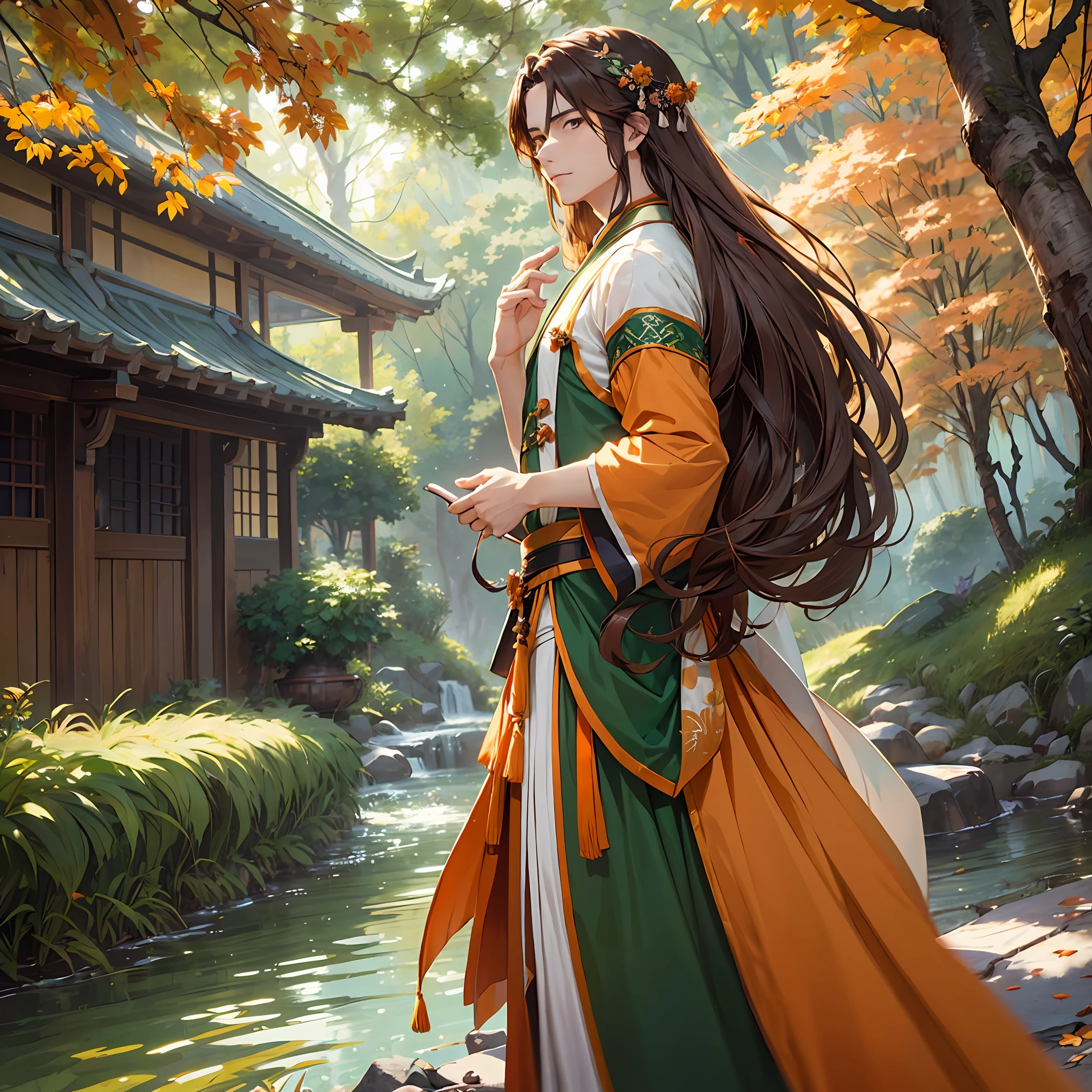 (1 male character) wearing a flowing (dark brown hair) with a (pale orange and green trim hanfu) (floating) in a serene and beautiful (landscape), (dynamic pose) (soft sunlight) (best quality) (ultra-detailed) (masterpiece). --auto --s2