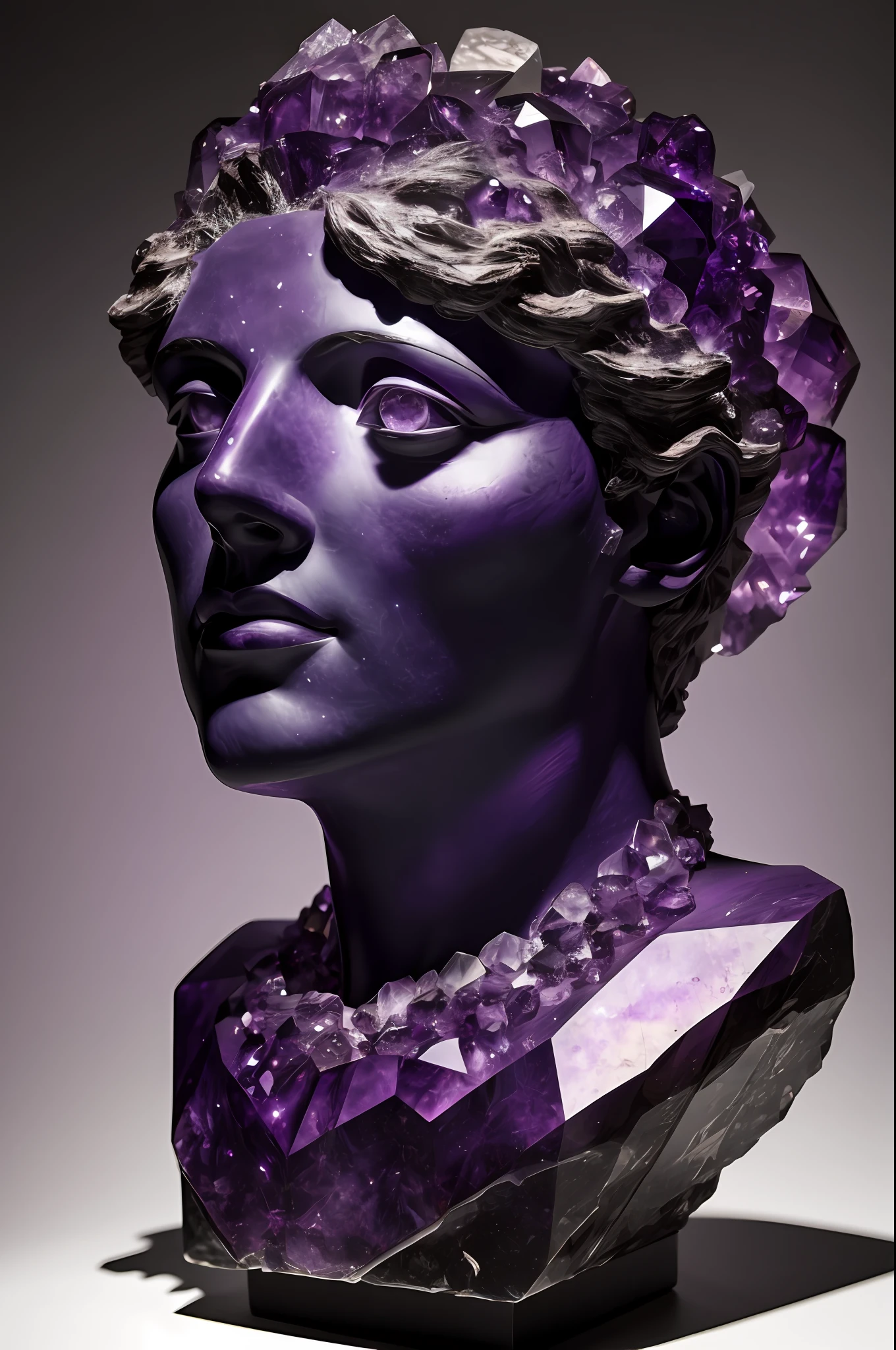 gorgeous greek bust made out of purple minerals and crystals, bust, amethyst, gorgeous lighting, cinematic, dramatic, HQ, 16k