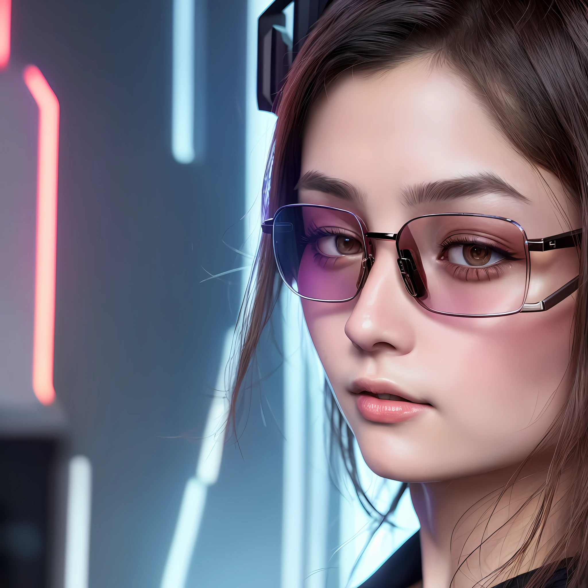 Looking at the audience, light makeup, realism, realistic photos, professional color correction, 8K, F2.4 aperture, 35mm lens, realistic real face, only the face area is included, Cyberpunk glasses,