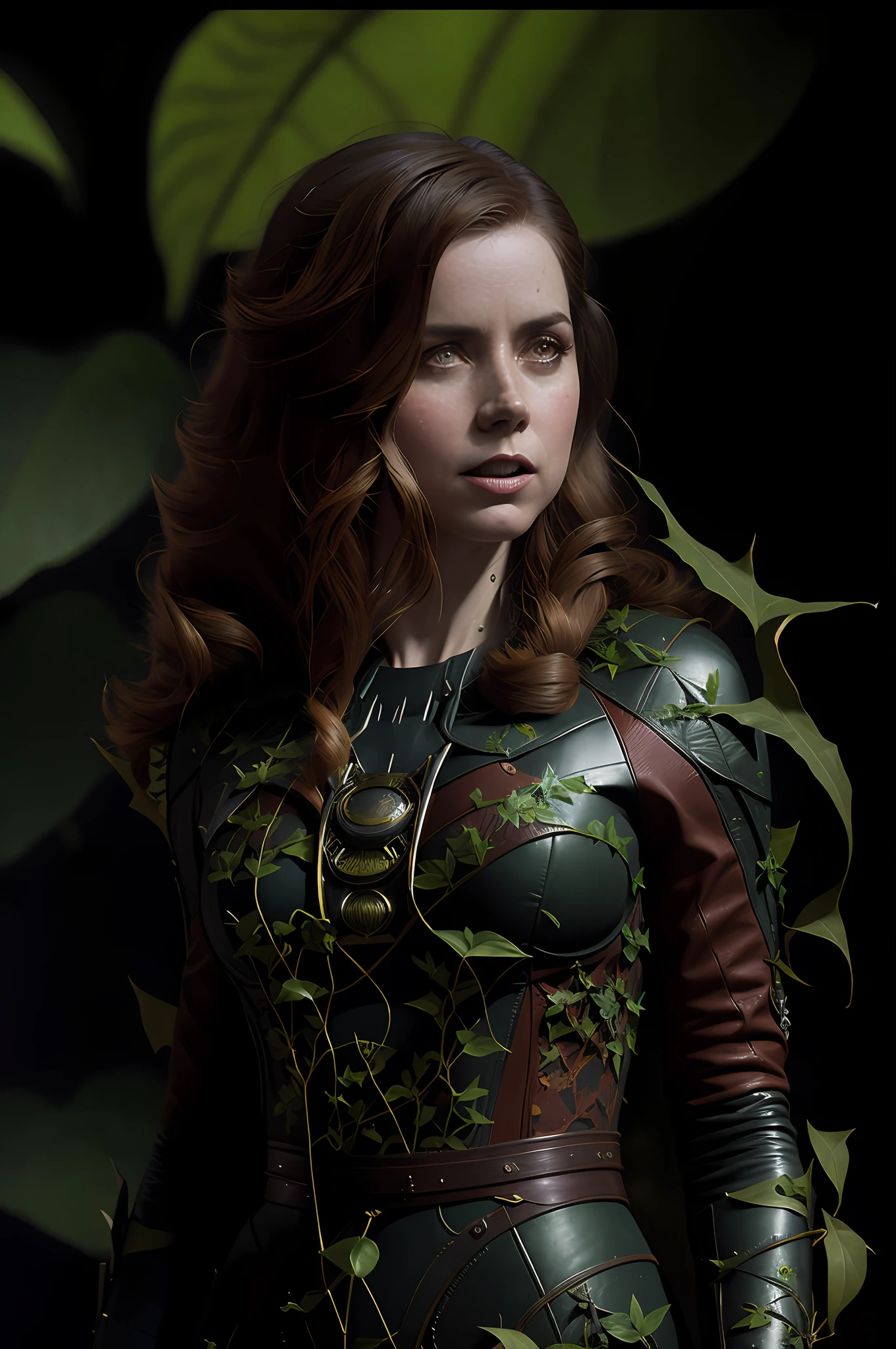 Amy Adams as Ivy Poison DC Comics-style Batman villain with various carnivorous plants in the background, vhs effect, (poster: 1.2), poster on the wall, nostalgia, movie poster, (skin texture), intricately detailed, fine detail, hyperdetailed, ray tracing, subsurface scattering, diffuse soft lighting, shallow depth of field, by (Oliver Wetter) majestic professional oil painting by Ed Blinkey, Atey Ghailan, Studio Ghibli, by Jeremy Mann, Greg Manchess, Antonio Moro, trend at ArtStation, trend at CGSociety, Intricate, High Detail, Sharp focus, dramatic painting and photorealistic art by (greg rutkowski:1.4), bokeh