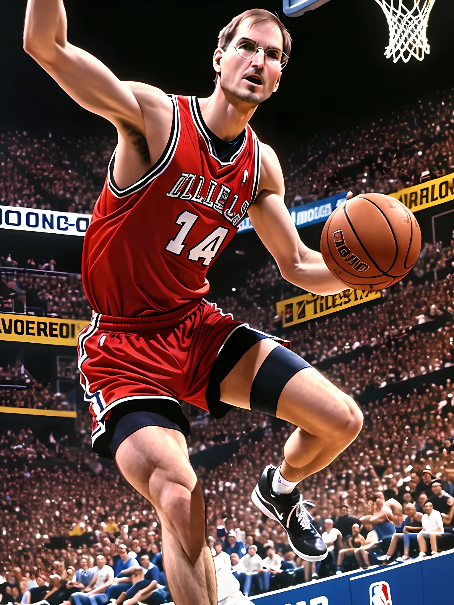 Steve Jobs wearing a basketball uniform, wearing his tradicional glasses, making an NBA-style dunk play, on a basketball court, with an audience, lighting, ultra realistic, with a lot of vivid color, with lots of details, photography --auto --s2