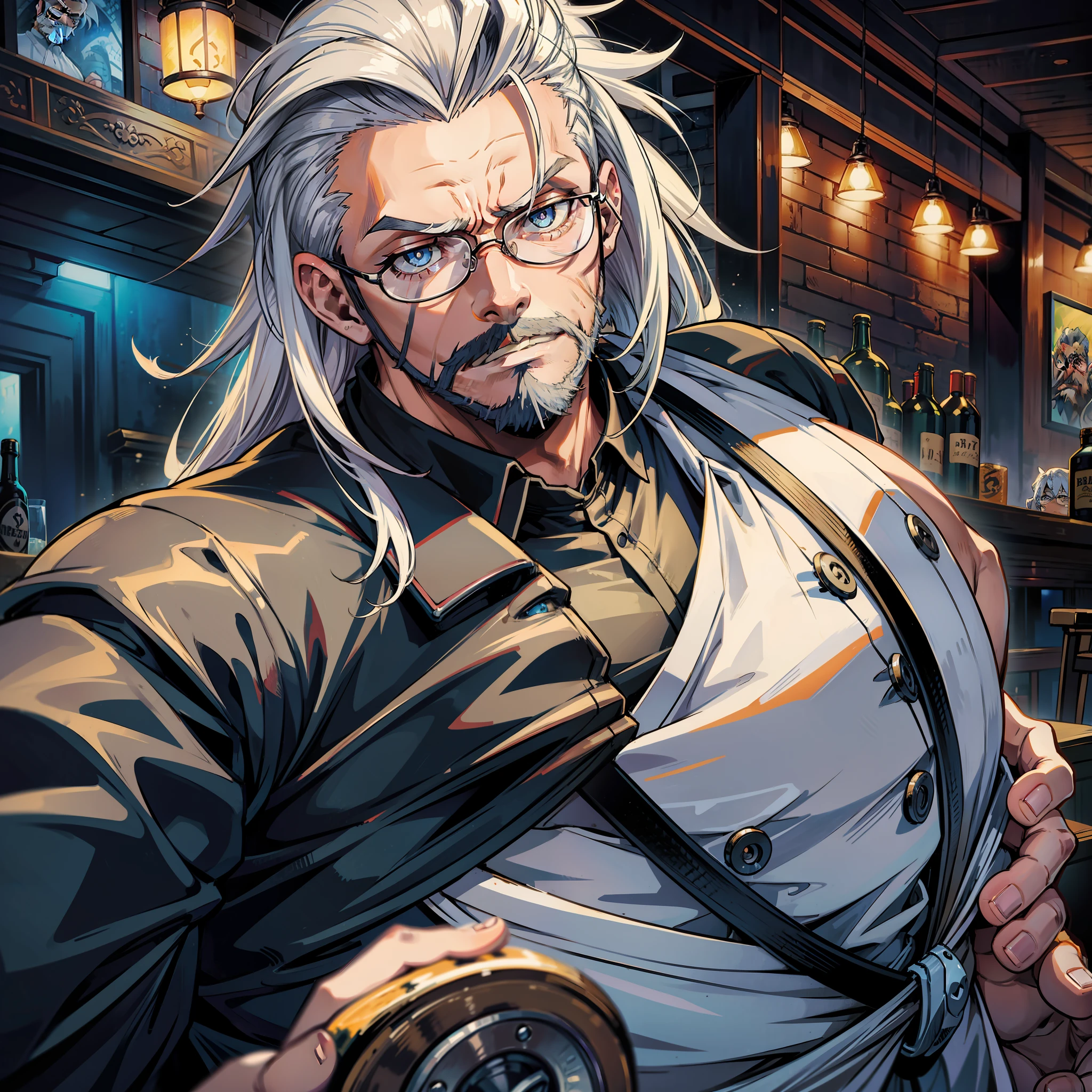 old muscular anime style with a big scar on the face of glasses,long mohawk white hair,long beard,wearing a waiter's outfit,in a bar,serious expression,blue eyes,ultra detailed and artistic