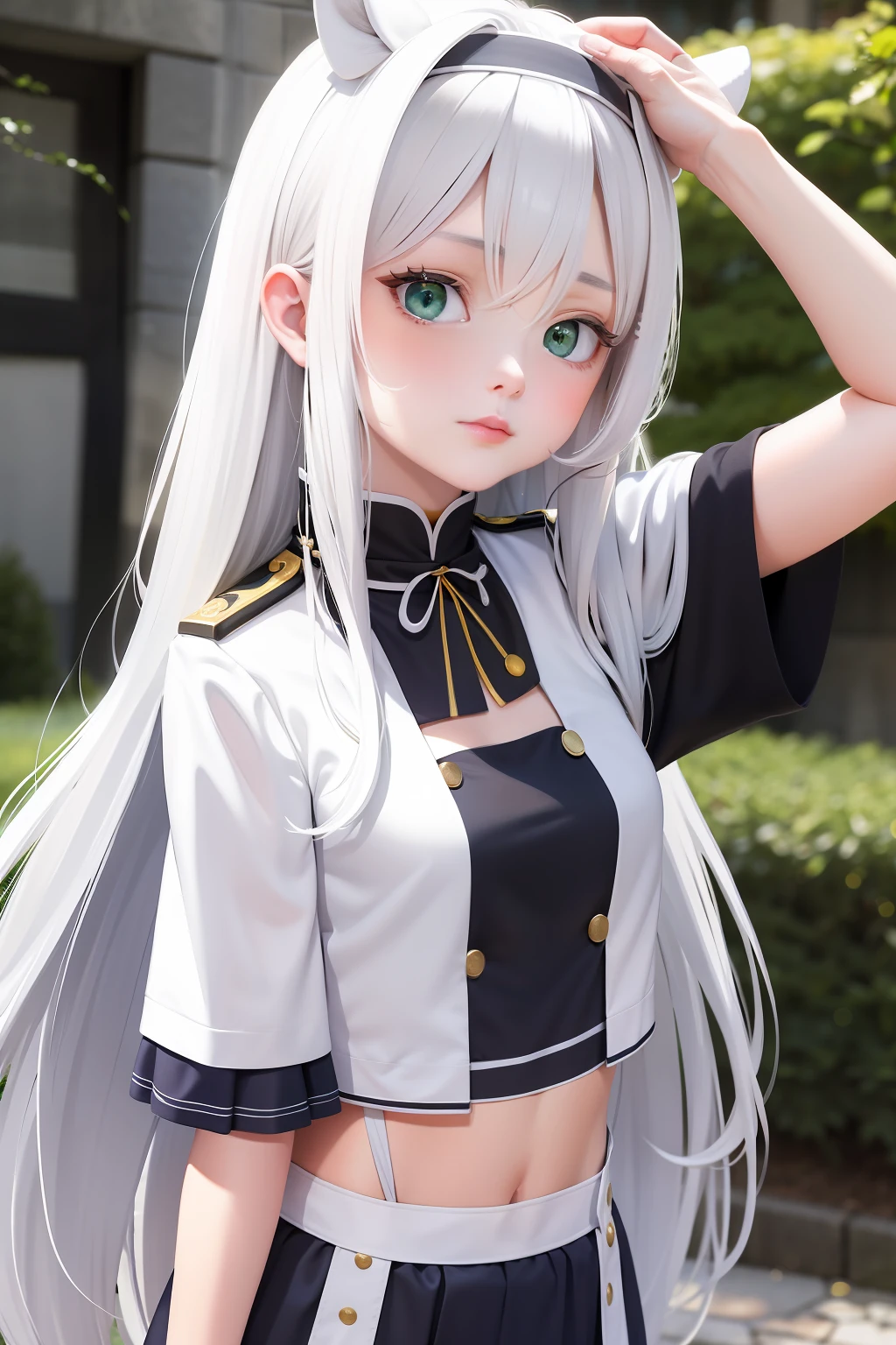 best quality, masterpiece,White hair, green eyes, sistineFibeldef, sistineFibelrnd, looking up, upper body