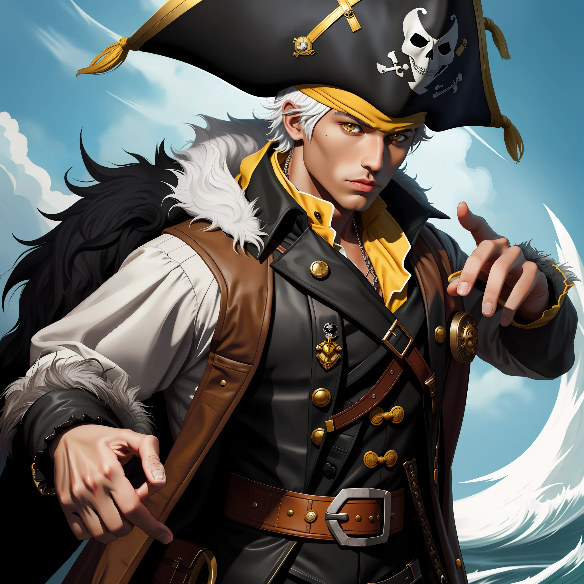 pirate man, tanned, no beard, short white hair, yellow eyes, black fur coat outfit, pirate hat, solo