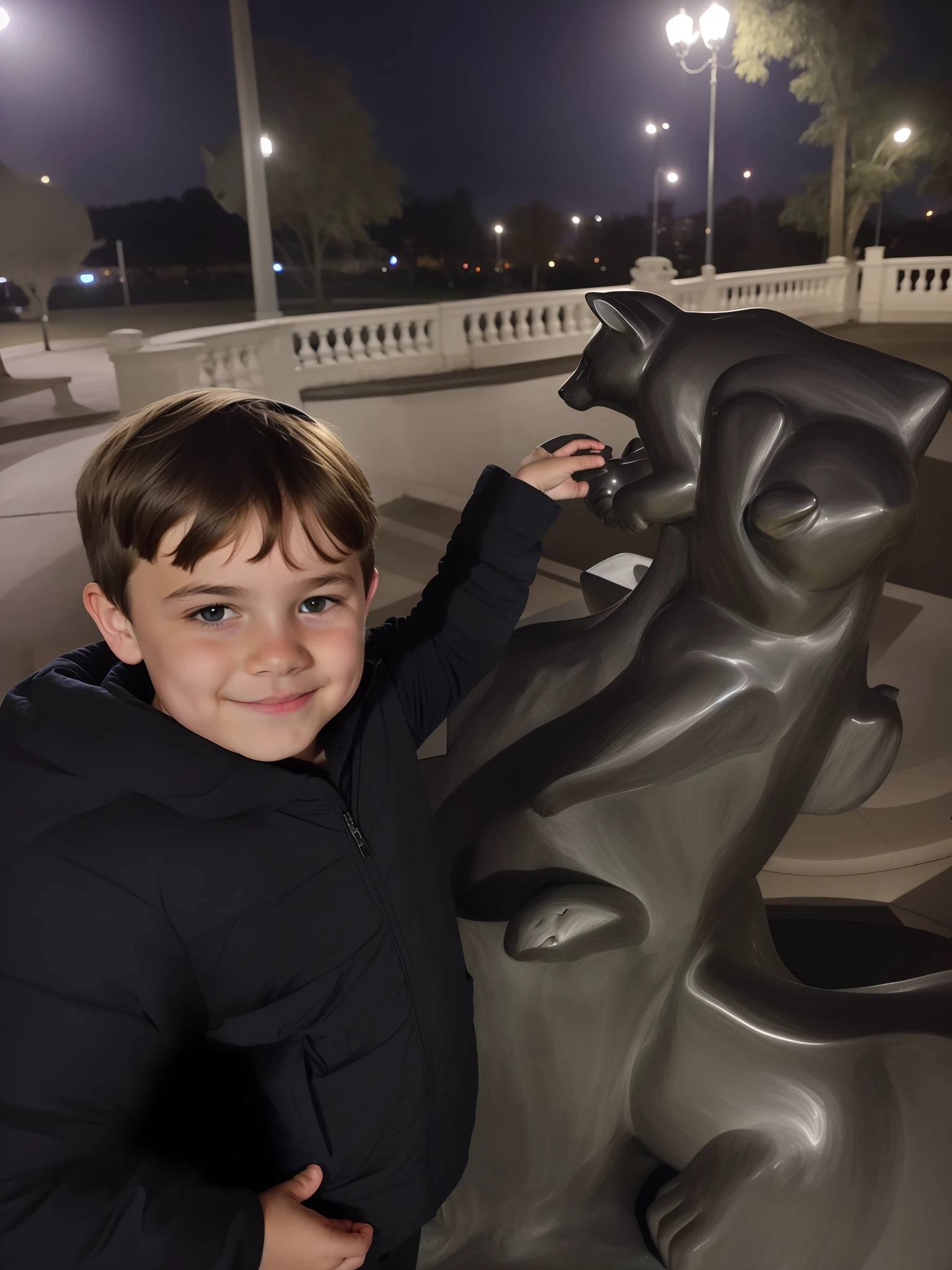 there is a young boy standing next to a statue of a cat, by Emma Andijewska, taken in the night, by david rubín, posing like a statue, an artistic pose, by Joseph Pisani, by Matthew Smith, at night, inspired by Maurice Sendak, by Tom Wänerstrand, by Matteo Pérez