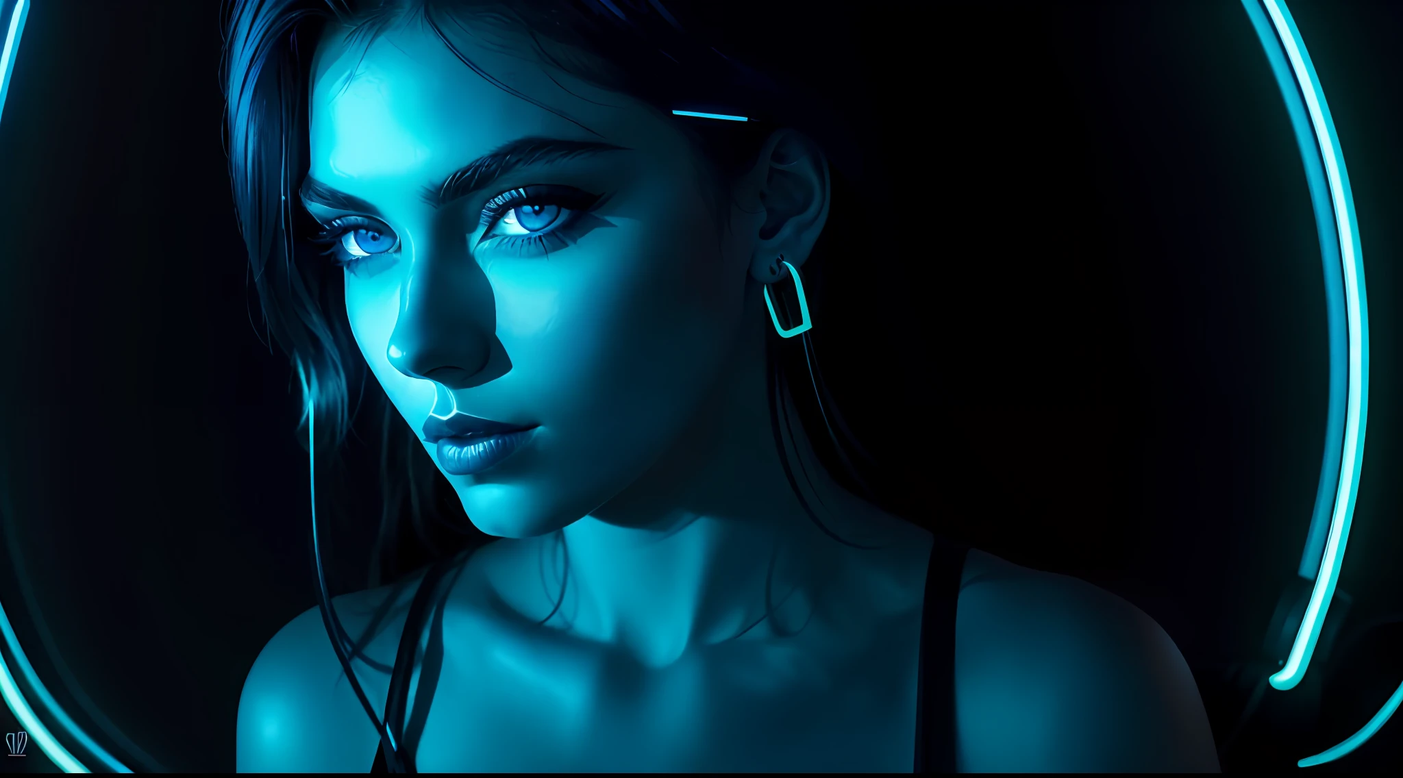 (darker background+luxury)+([blue luxury:1.3]+blue eyes+neon lights:1.3),chic and sophisticated vibe.