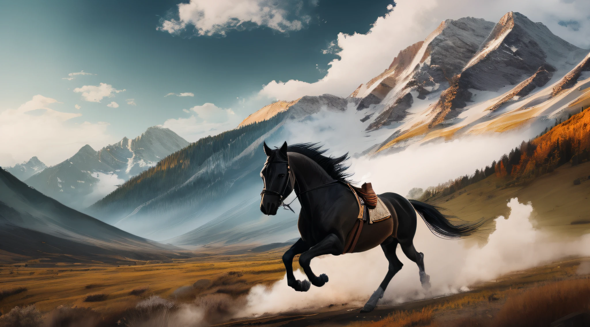 Create a black horse running alone in an open field with mountains in the background --auto --s2