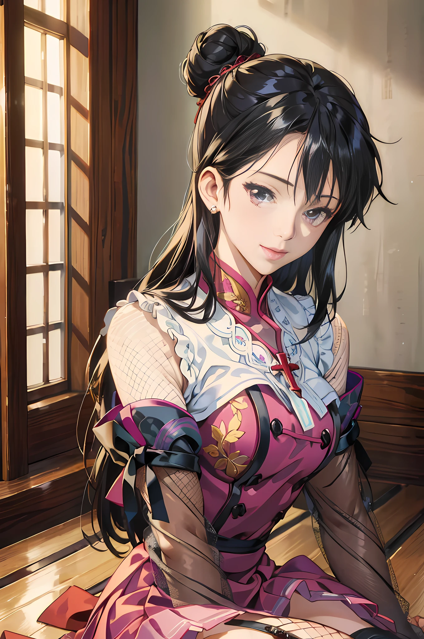 (masterpiece, best quality, ultra detailed, high resolution, absurdres:1.4), (shiny black hair, twin-buns style, smooth and white shiny skins:1.2), (super fine illustration, extremely detailed CG unity 8k wallpaper), 1girl, extremely cute and beautiful girl. slender, abs, medium breasts, red, gold, BREAK, (lace), (single fishnet legwear, single garter strap, cross-laced sleeves, cross-laced clothes:1.2), heart, collar, ribbon choker, ear piercing, BREAK, white silk Chinese dress, red knee-length pleats long skirt, BREAK, background is Japanese hotel in the night, ryokan, wasitu background, light grin smile, sitting, wariza, hands on between legs, ufotable style, anime screen cap, pink lipstick, perfect anatomy, perfect proportion, beautiful detailed face,