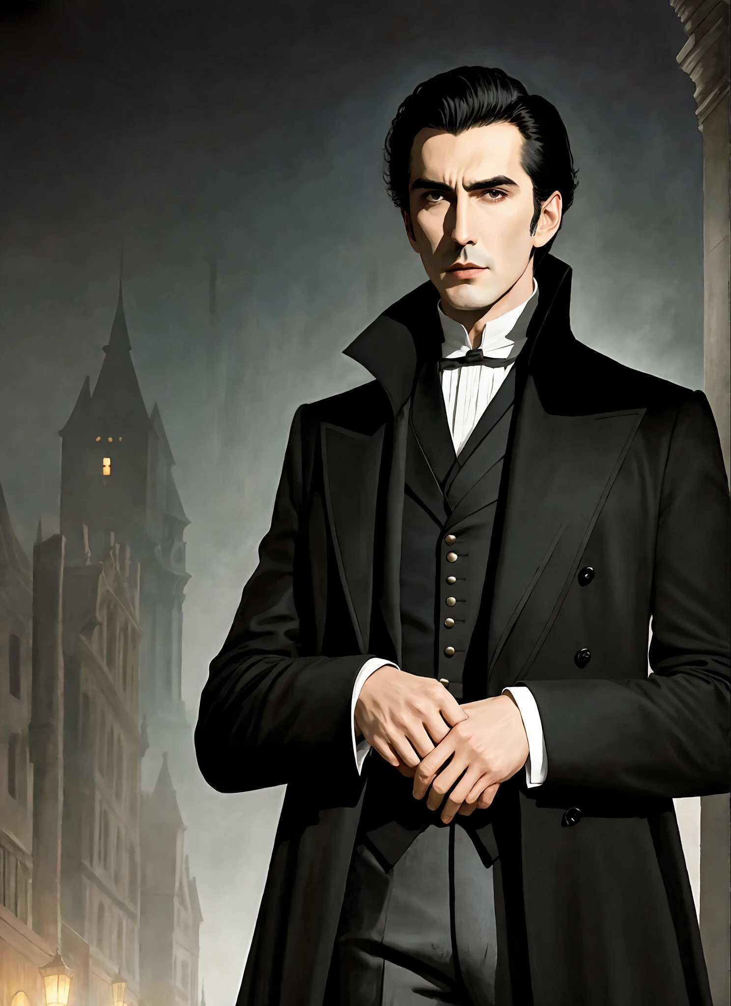 A handsome vampire resembling a young Christopher Lee in modern times with short dark hair combed back into a widow's peak and wearing a long black coat, modern nocturnal setting