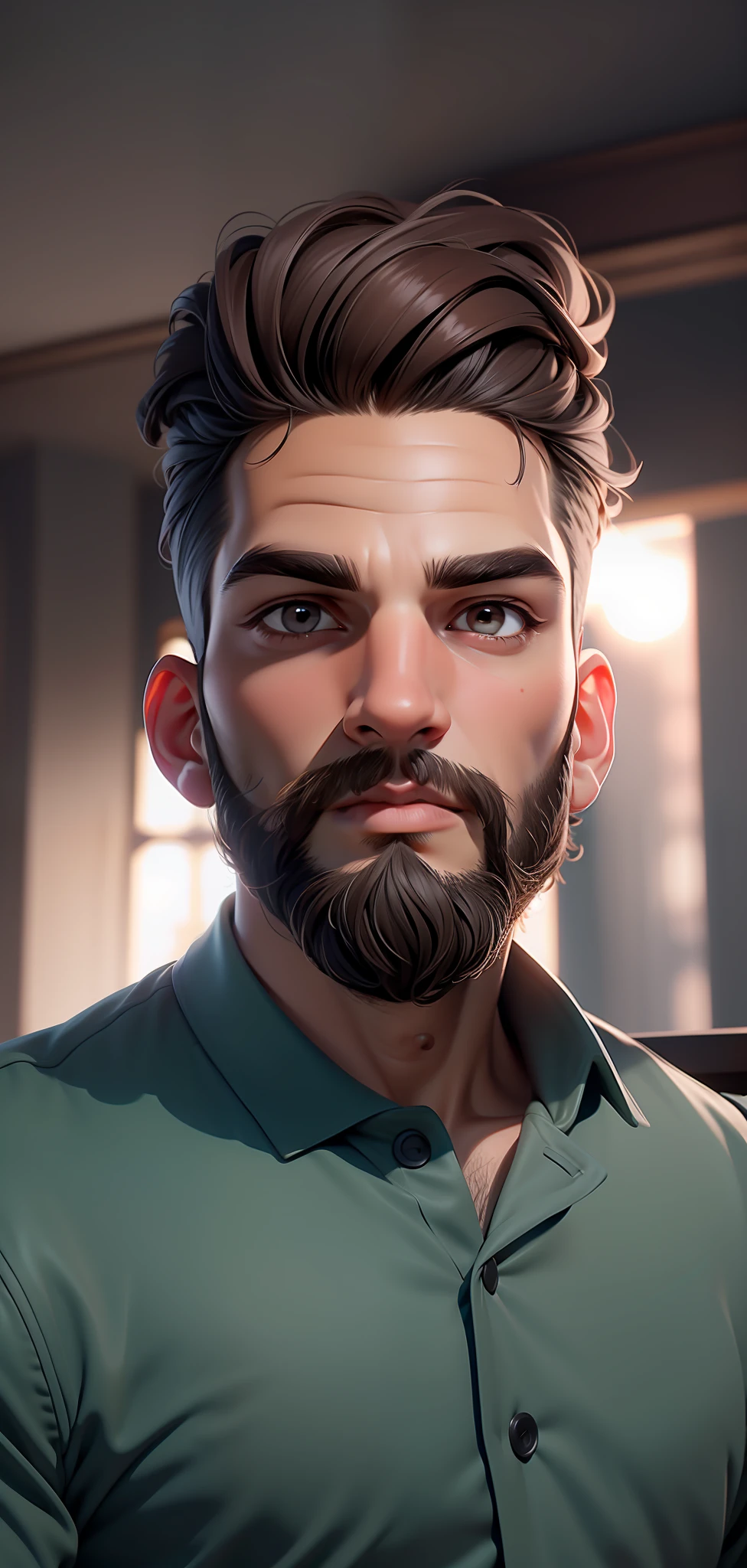 ((Best Quality, 8K, Masterpiece: 1.3)), handsome, short beard, young man, smooth skin, stylish, social, topknot, hunter's eyes, brown eyes