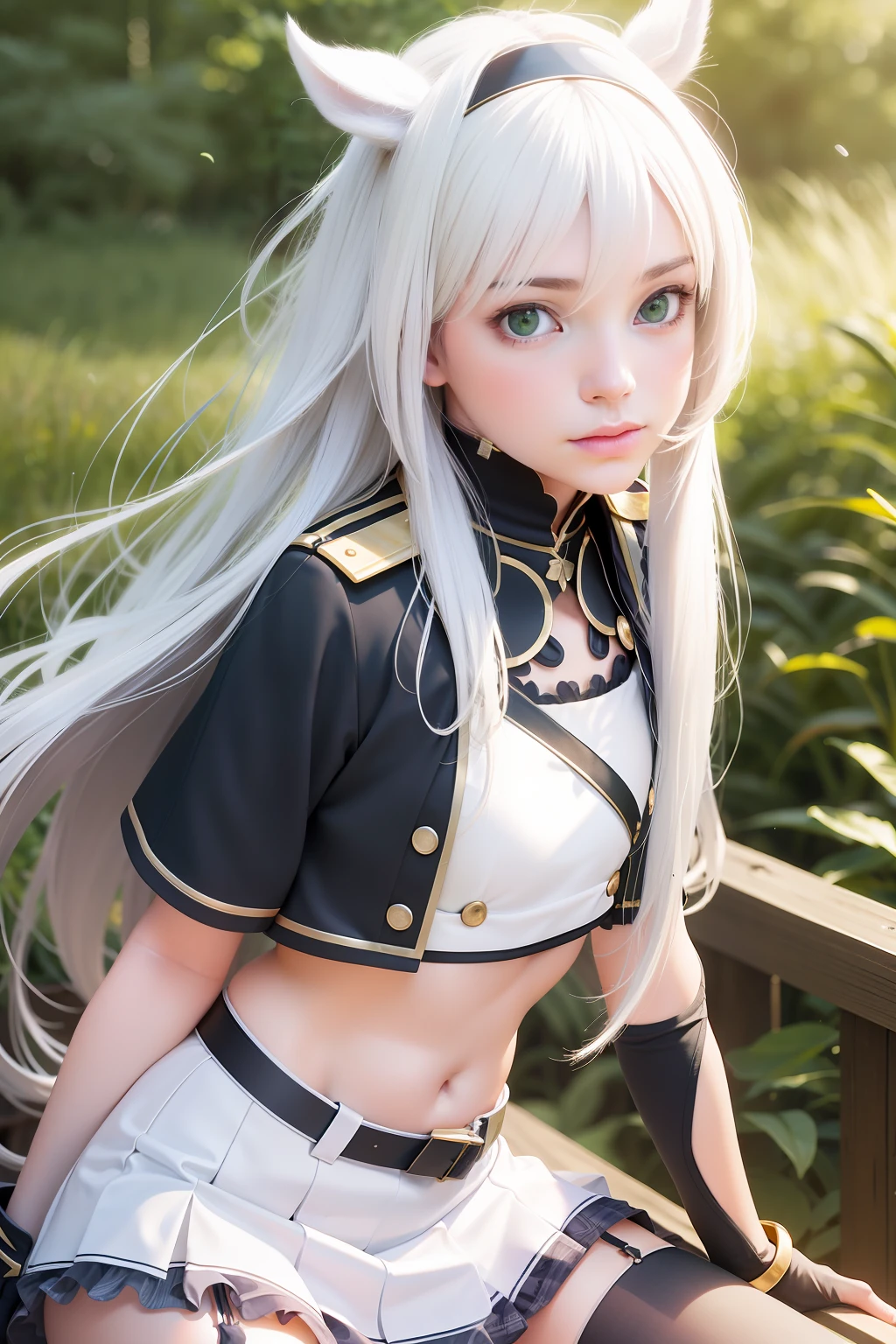 best quality, masterpiece, (photo realistic:1.5),White hair, green eyes, sistineFibeldef, sistineFibelrnd, looking up, upper body
