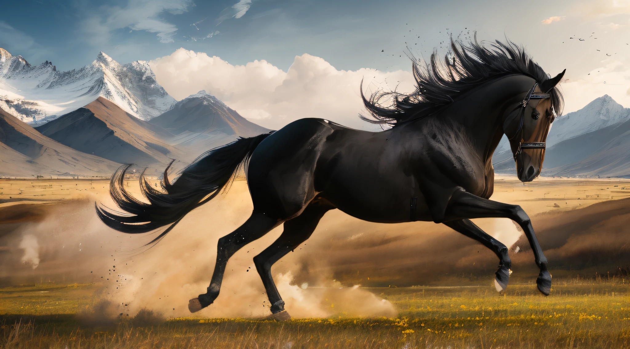 Create a black horse running alone in an open field with mountains in the background --auto --s2
