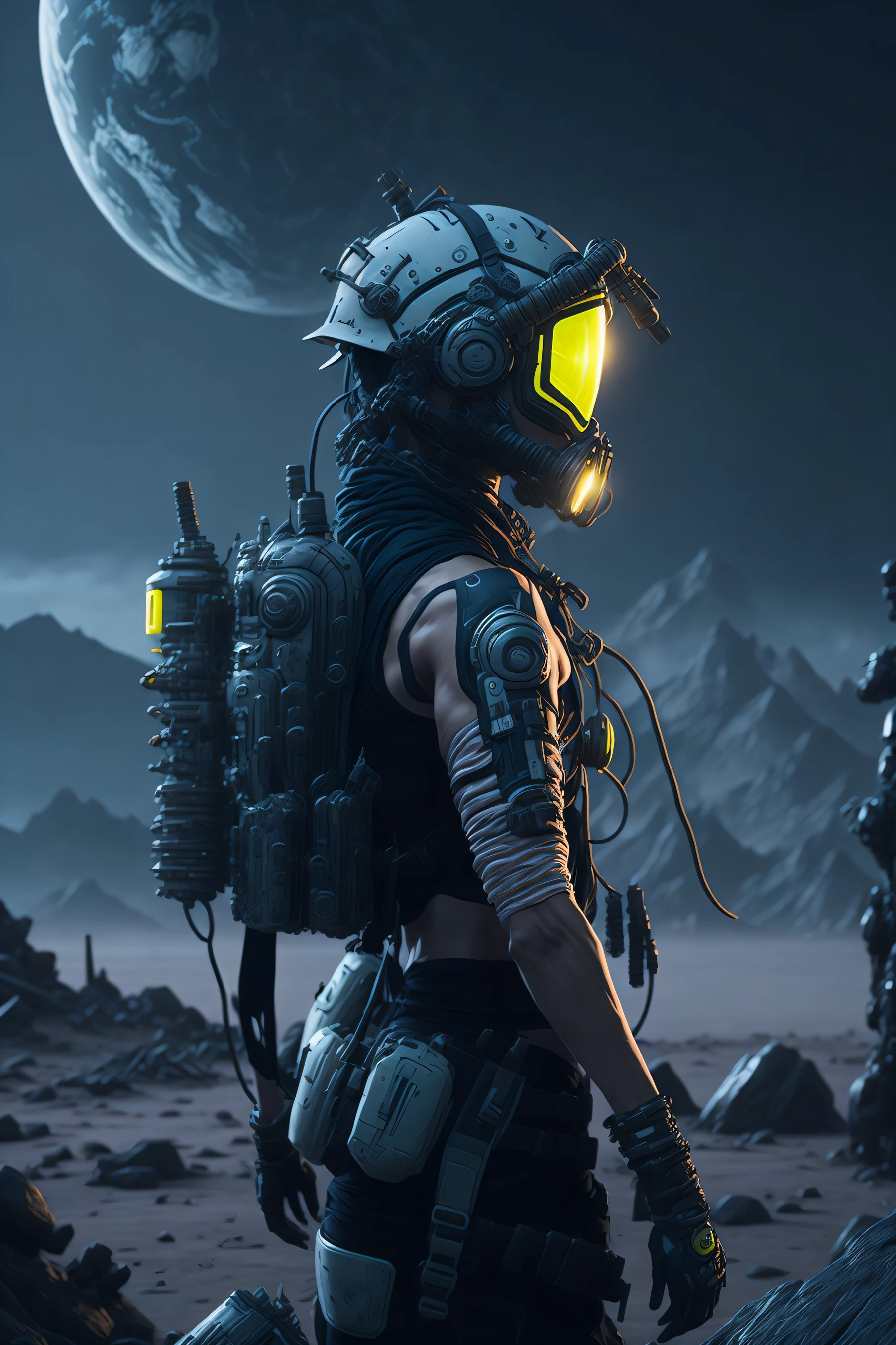 apex legend, face mask:0.1, breathing tube:0.5, headphone, lunar helmet, full body, in country side, villiage, polluted, foggy, volumatric lighting, VintageHelper, lens effects, glare, bloom,