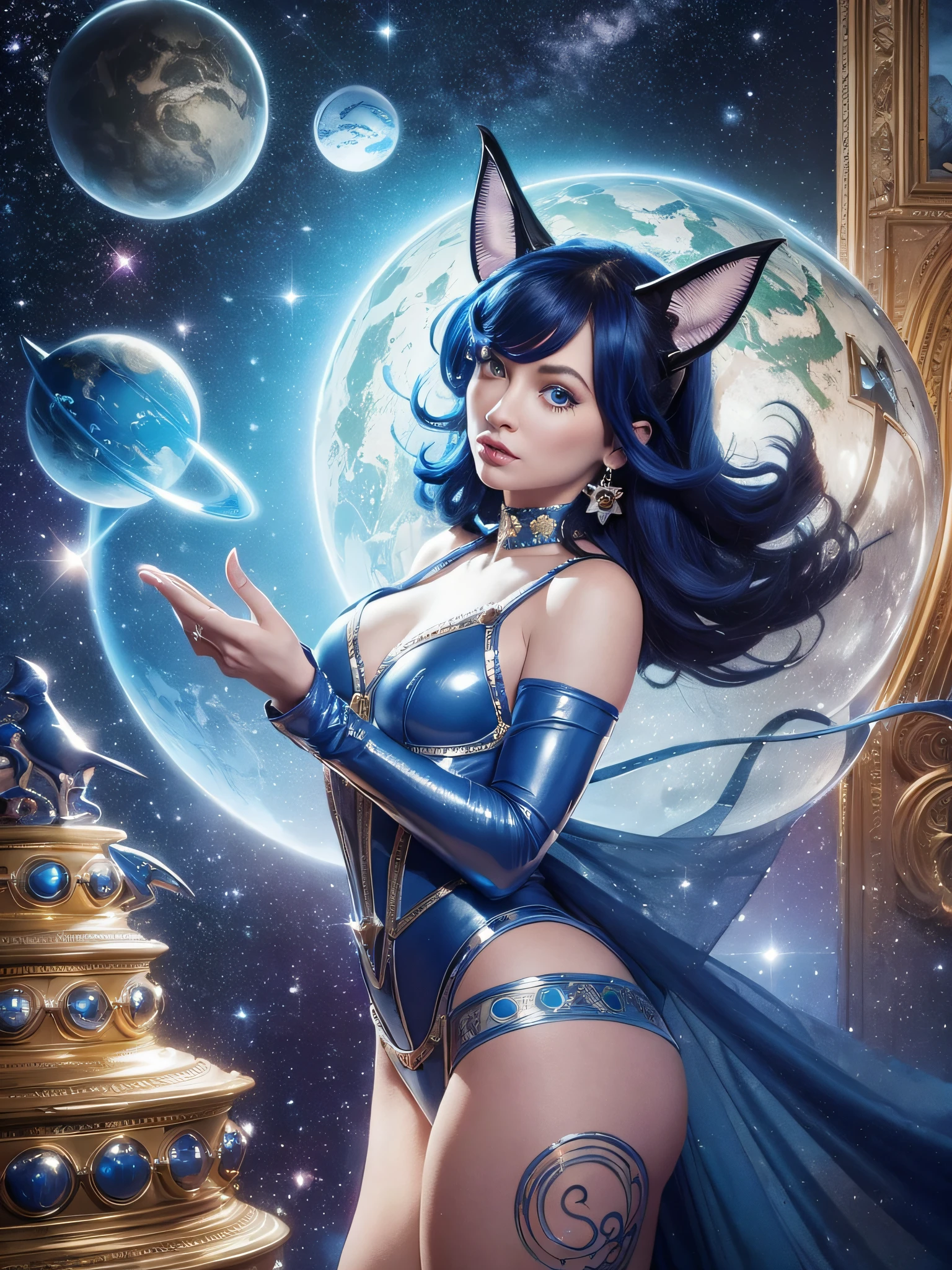 Space music with whimsical elements played by Blue Catwoman, intricate details, soft lighting, floating objects inspired by the art styles of Salvador Dalí and Rene Magritte, Royche, Charlie Bowwater, Megan and more. Art station trend created by artist Frauenhofer.