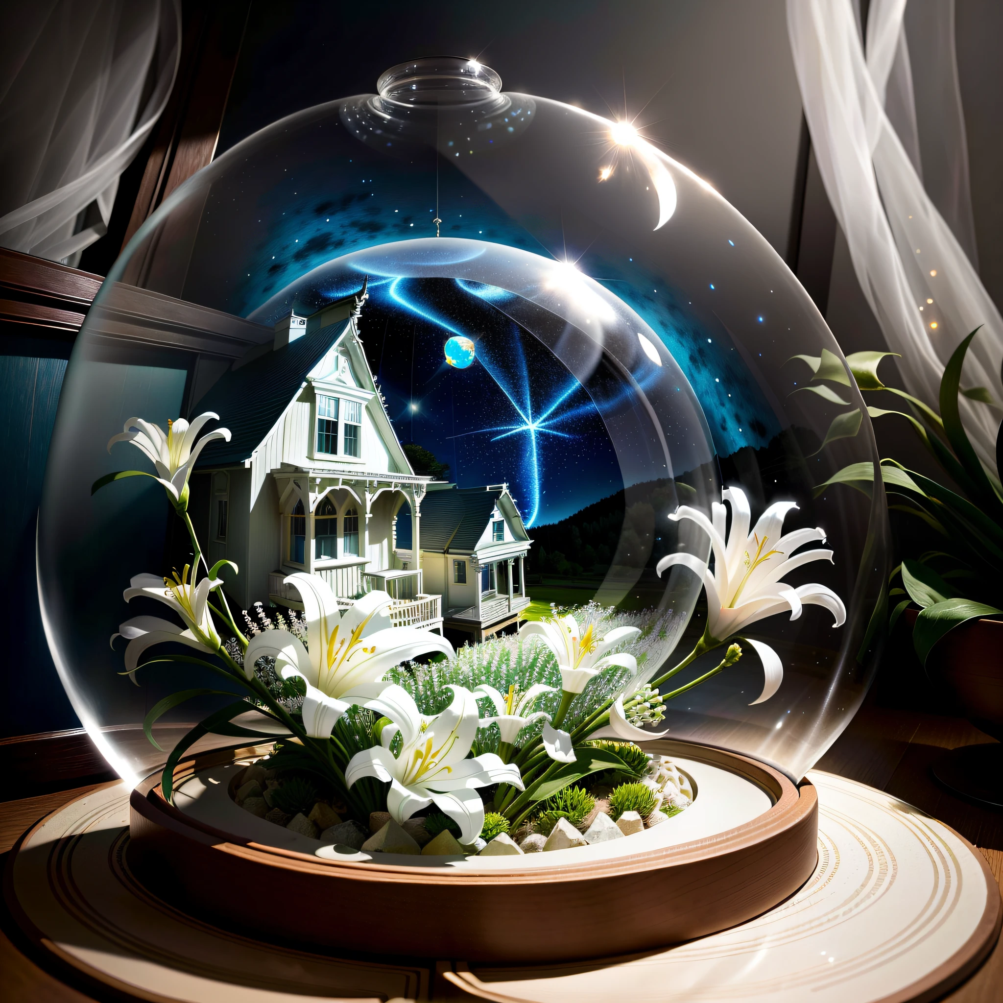 Inside the glass sphere is an opal house, realistic, white lily flowers nearby, fireflies flying around the hill, cut starfish